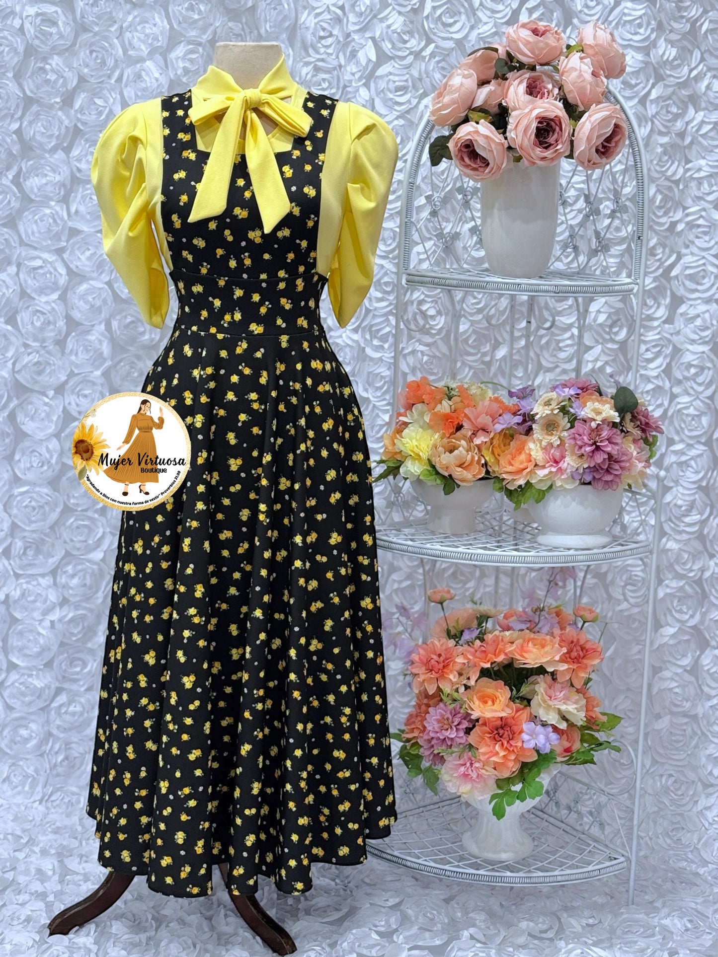 Angie Black/Yellow Ditsy Floral Overall