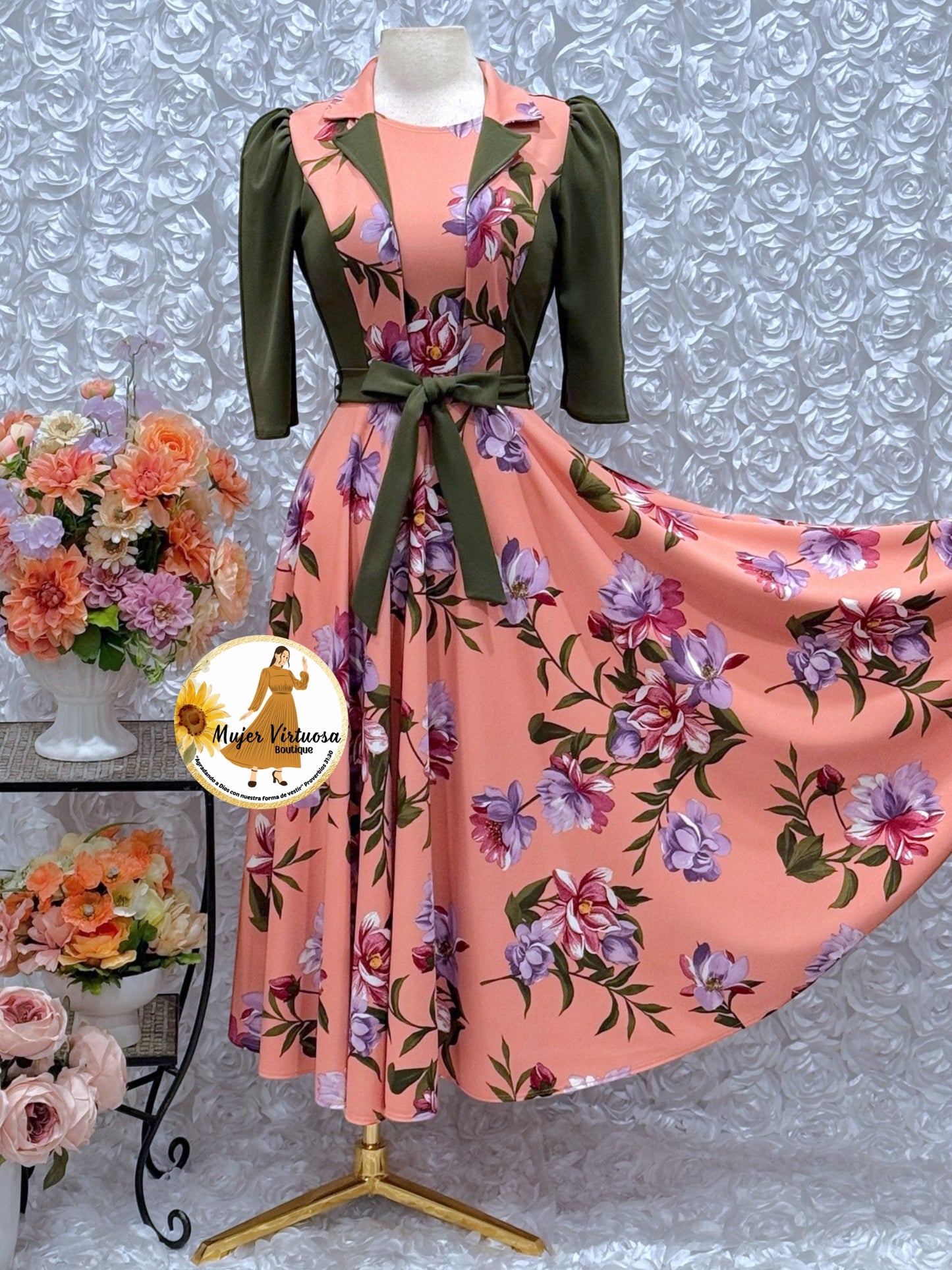 Salmon/Olive Floral Vest Dress