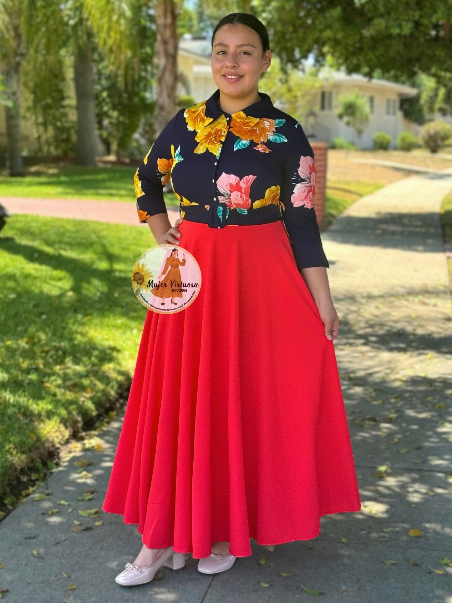 Hadassah Navy/Coral Belted Dress
