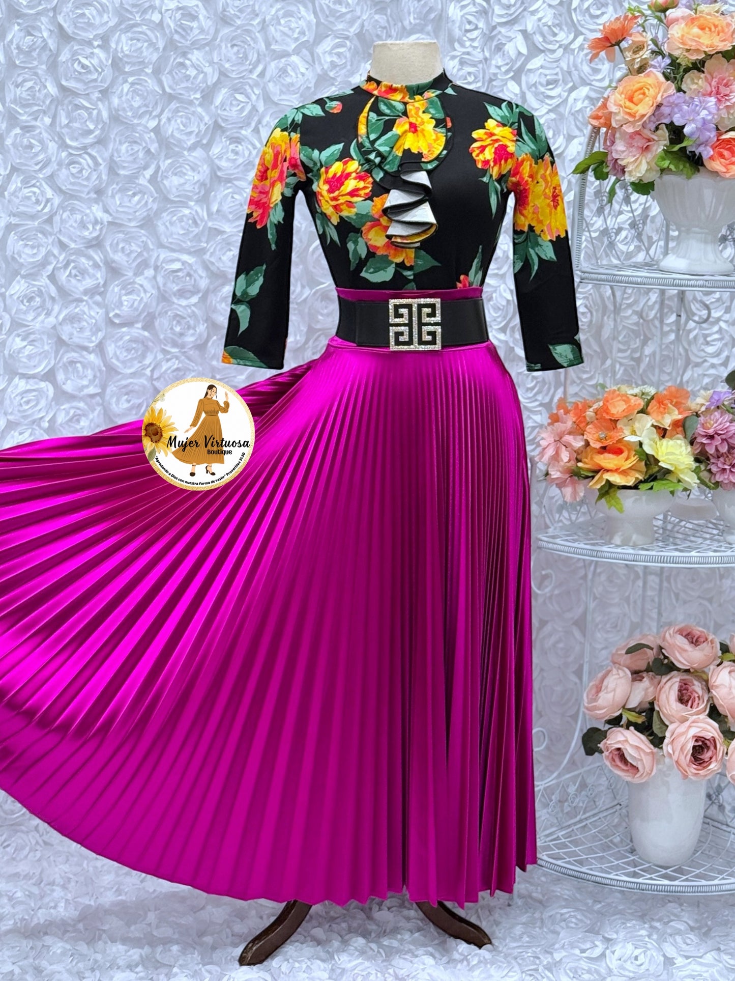 Magenta Pleated Satin Skirt