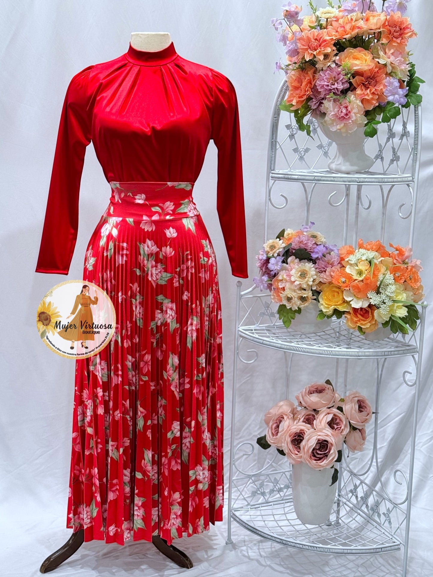 Red Floral Pleated Satin Skirt