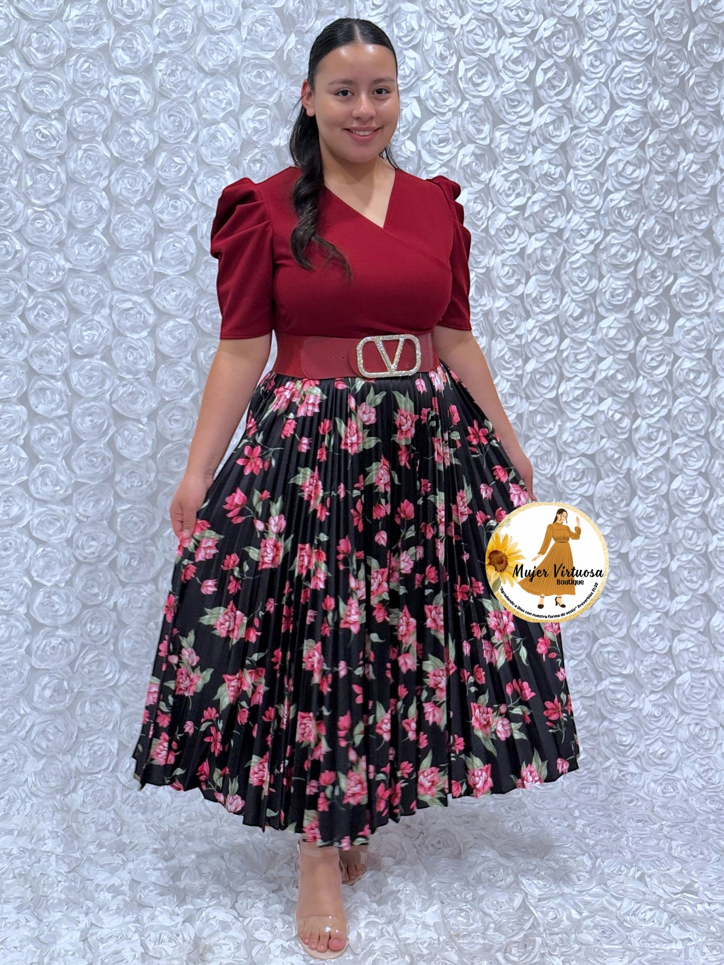 Burgundy/Black Crepe & Satin Pleated Dress