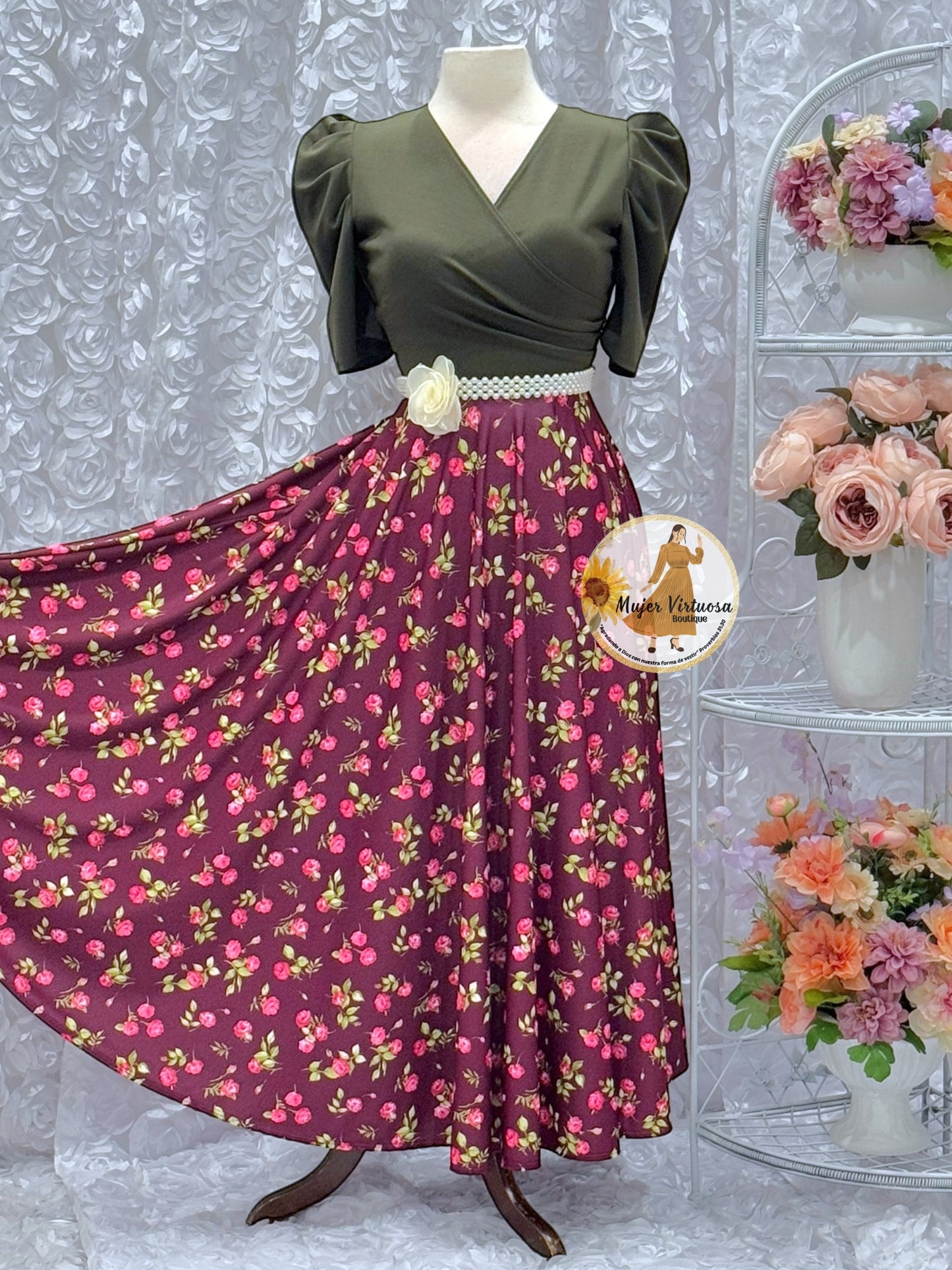 Susan Olive & Burgundy Floral Dress