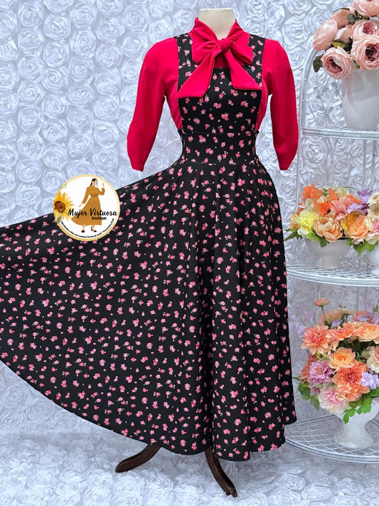 Angie Black/Fucsia Ditsy Floral Overall