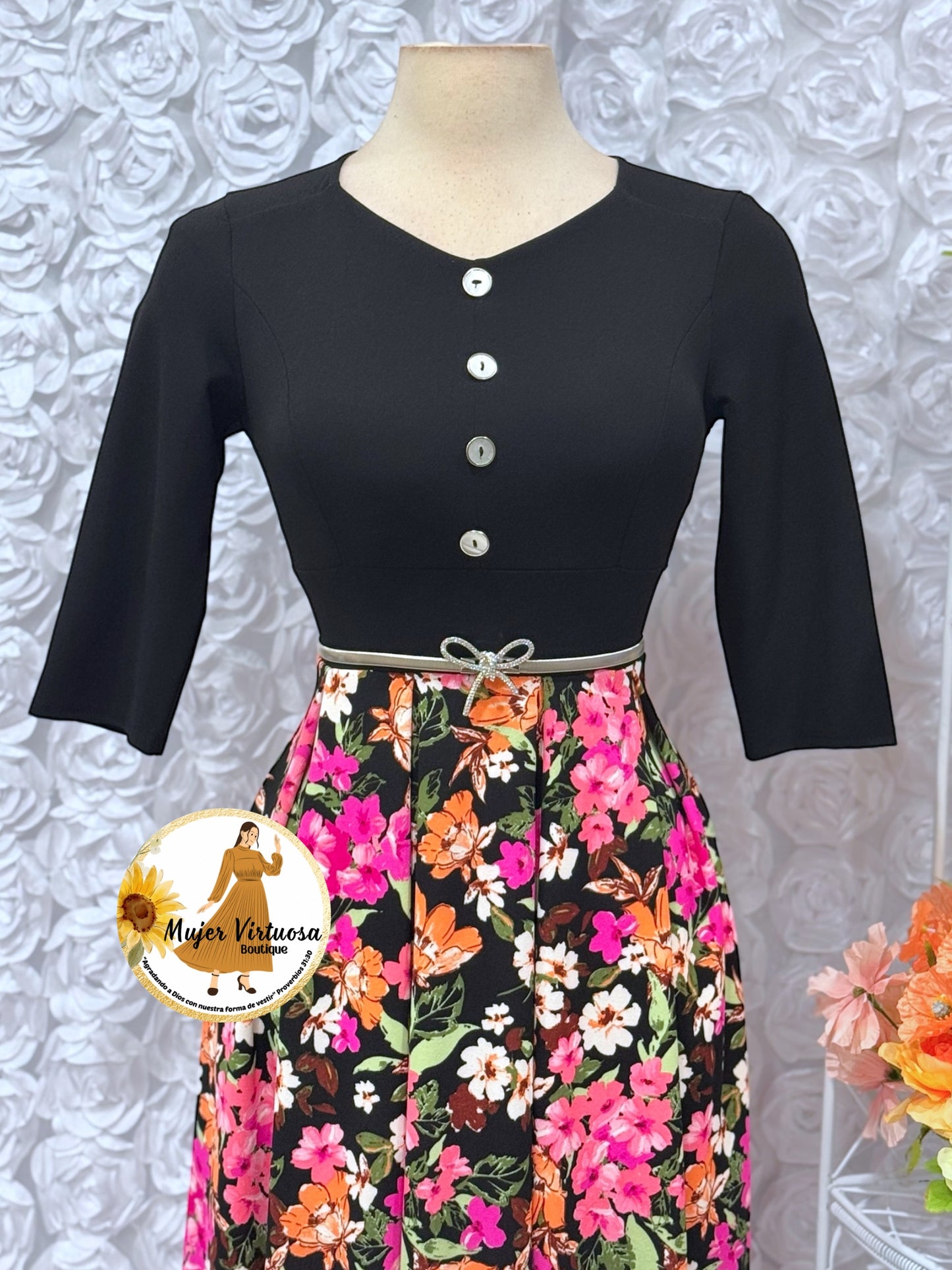 Black Floral Pleats Dress