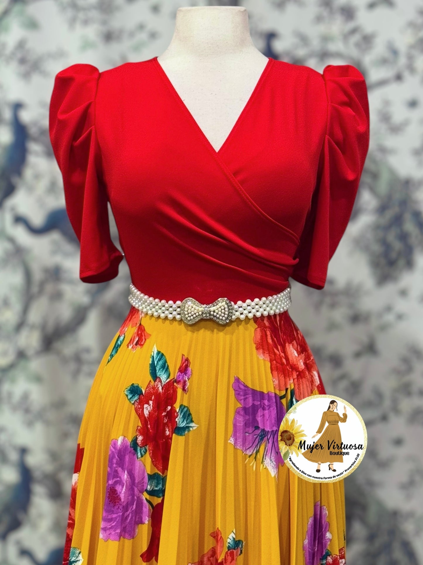 Jessica Red & Yellow Floral Pleated Dress