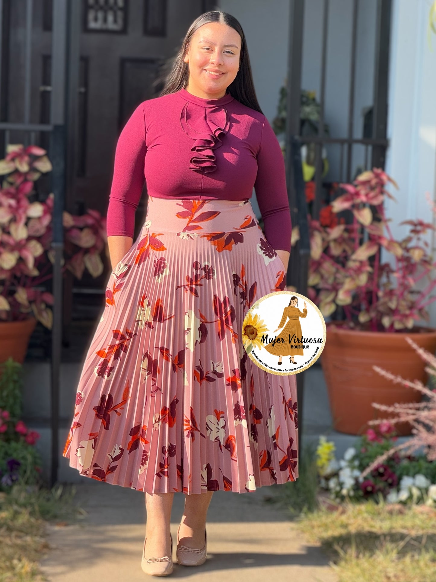 Mauve Floral Pleated Skirt