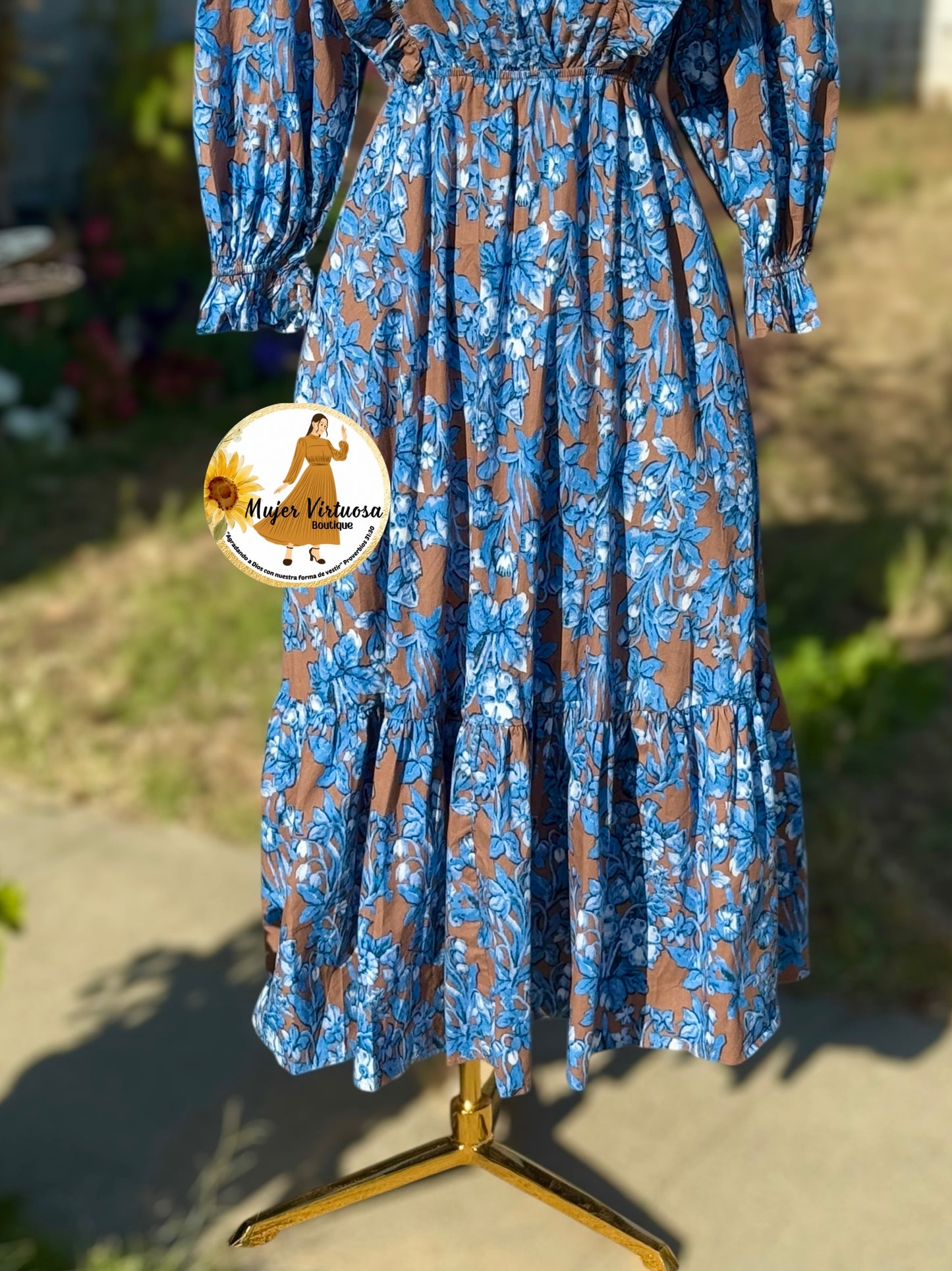 Mocha/Blue Floral Midi Dress