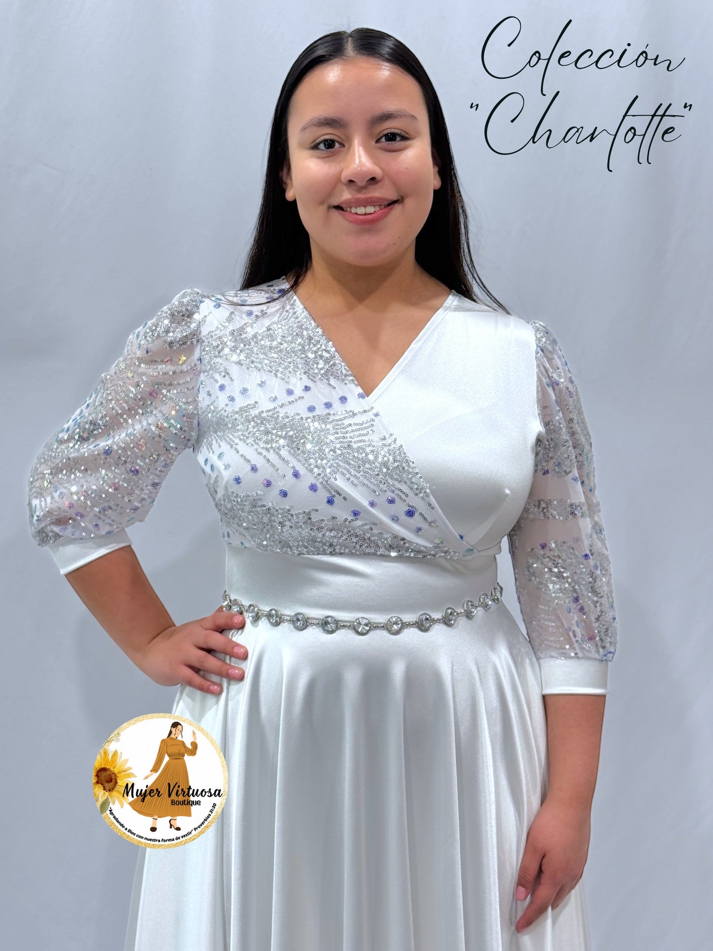 Charlotte White Sequin Satin Dress