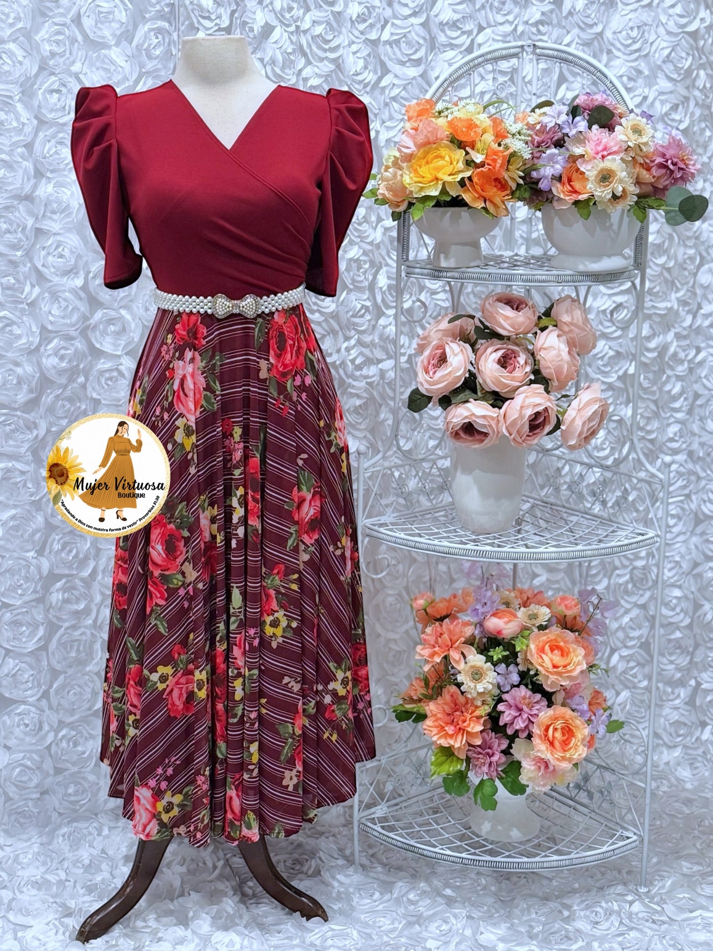 Susan Bungundy Floral Mesh Dress