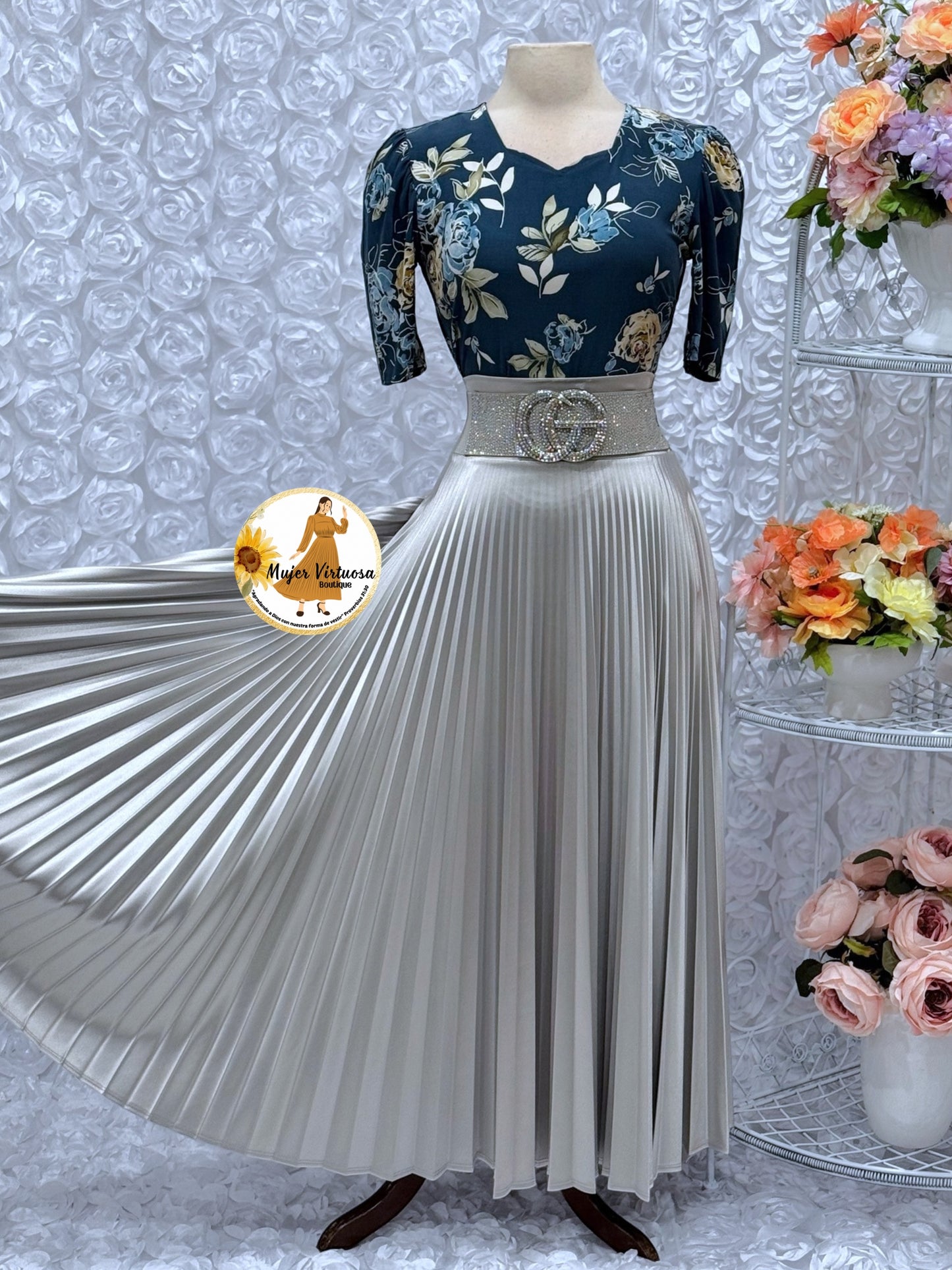 Silver Grey Pleated Satin Skirt