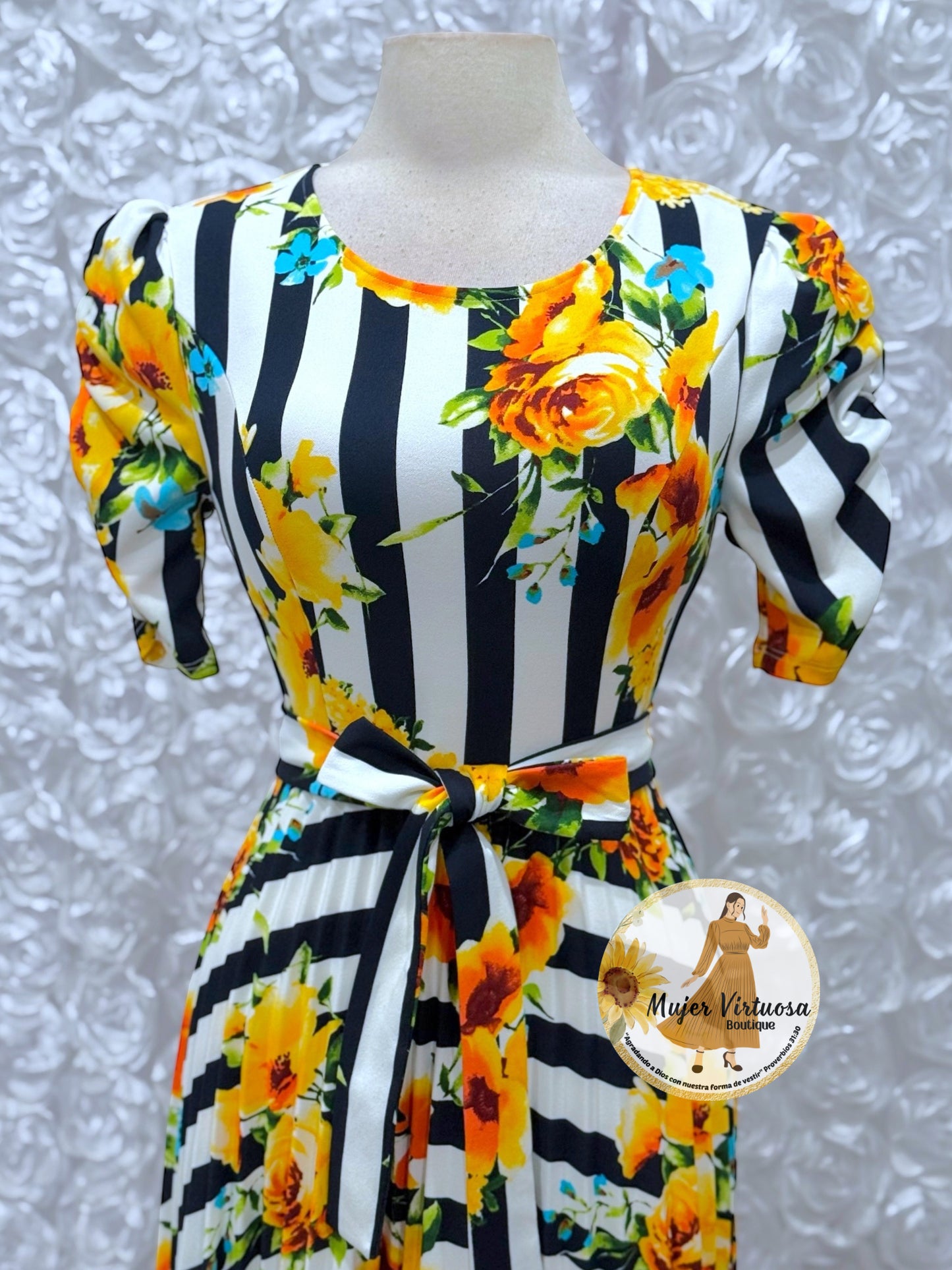 White Striped & Floral Midi Dress