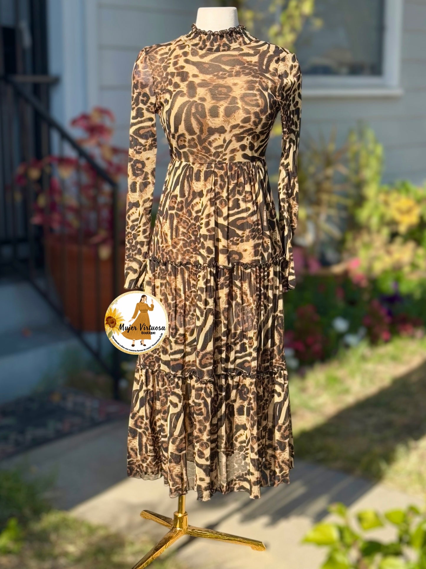 Mesh Animal Print High Neck Dress