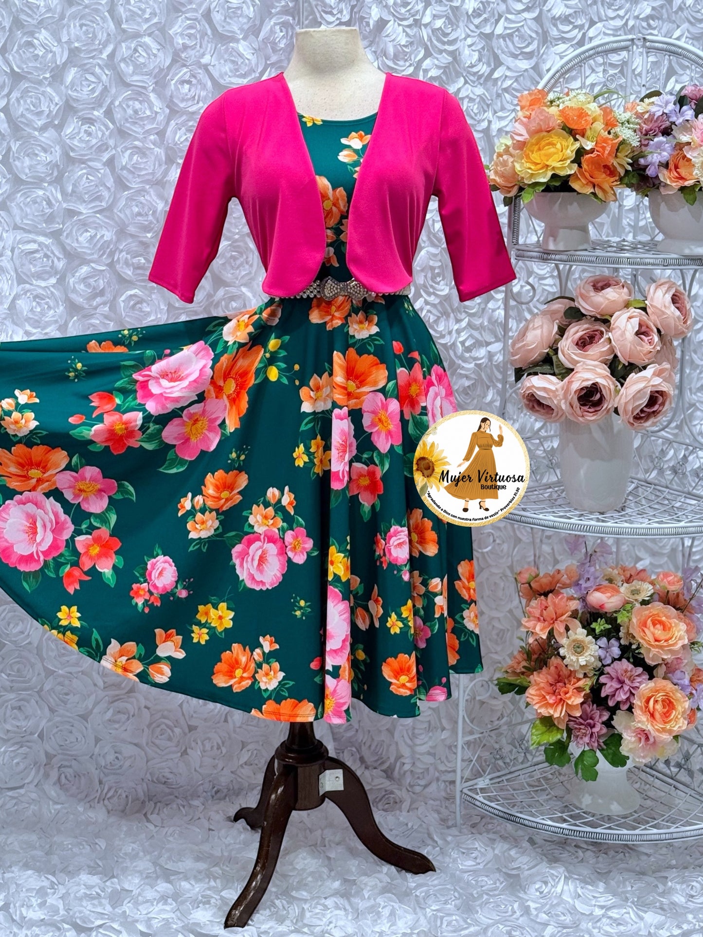 Clara Fucsia/Green Floral Midi Dress