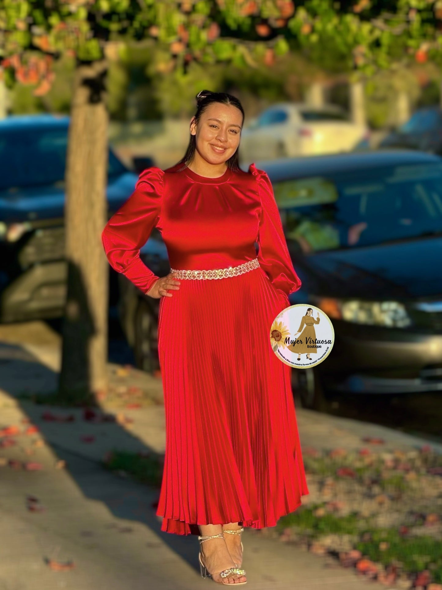 Litzy Red Satin Pleated Dress