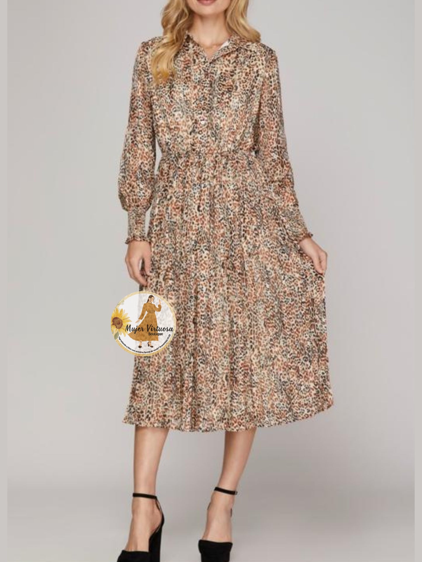 Beige Animal Print Chiffon Midi Dress
