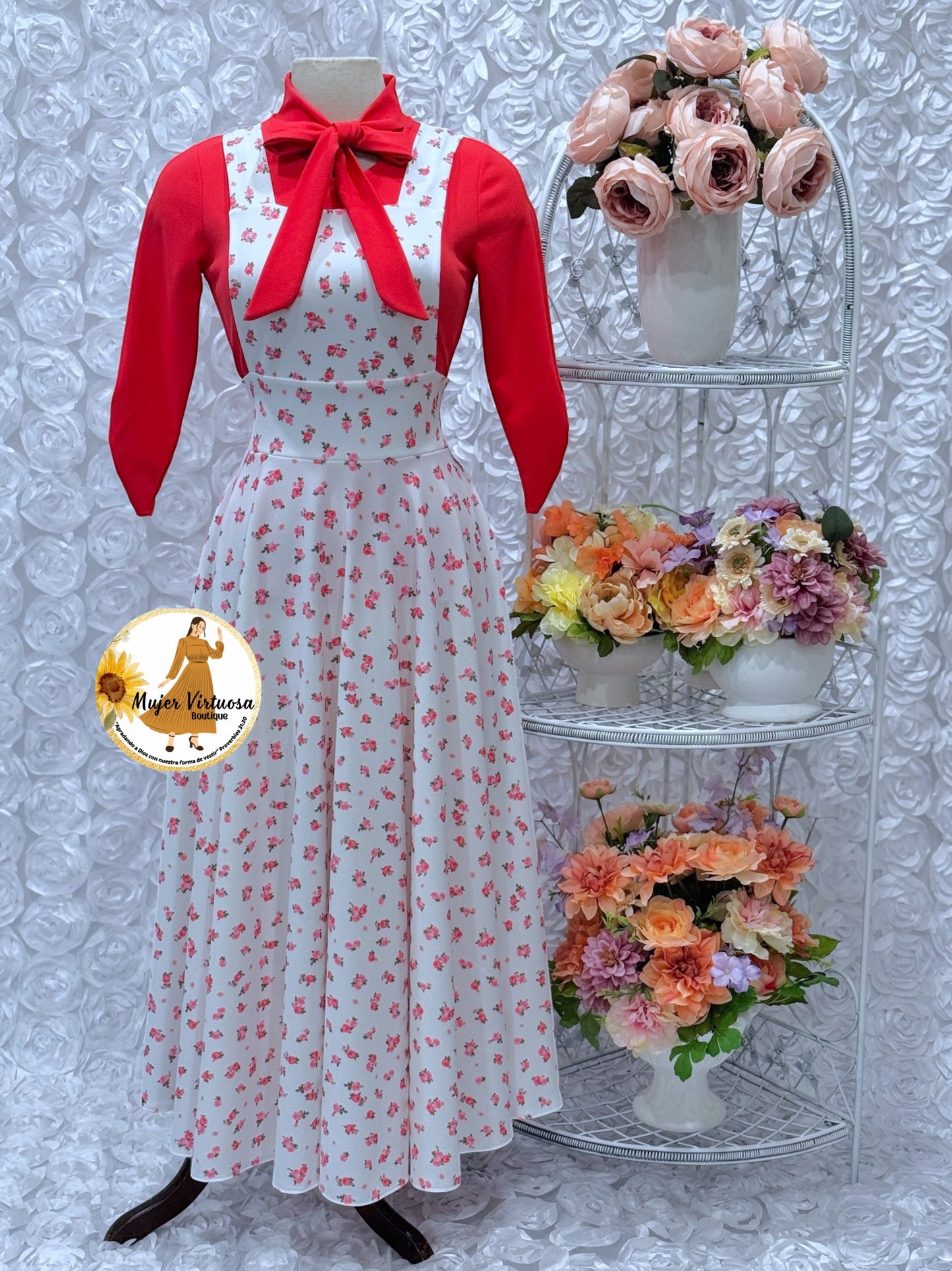 Angie Coral & White Ditsy Floral Overall