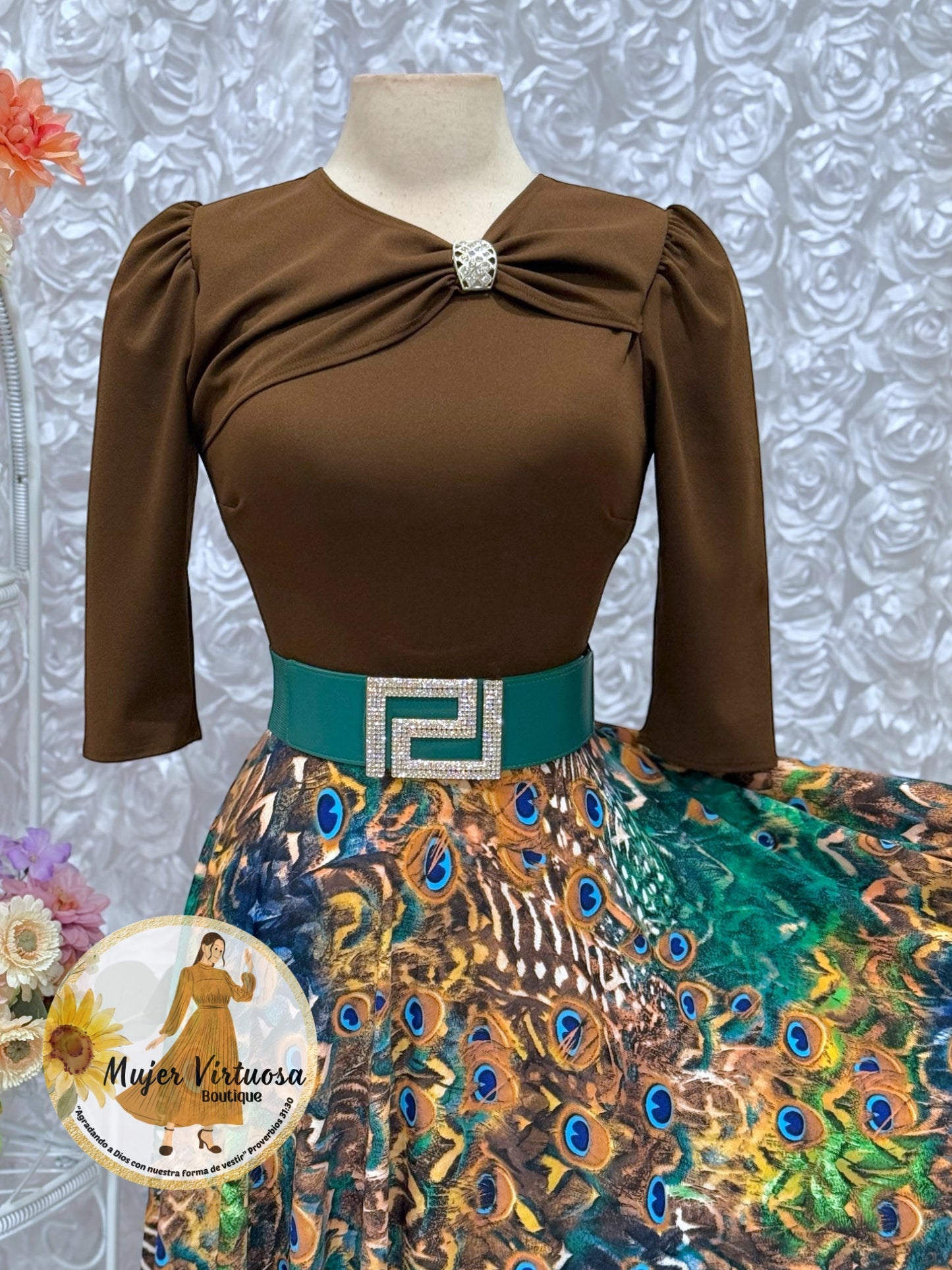 Rosalie Brown Peacock Print Dress