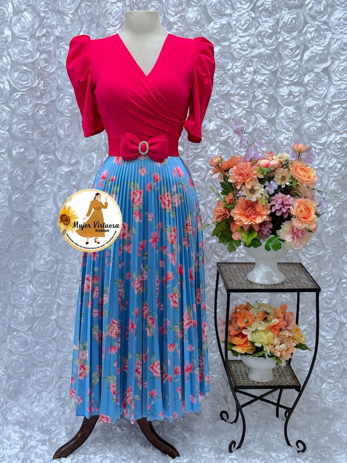 Fucsia/Blue Crepe & Satin Pleated Dress