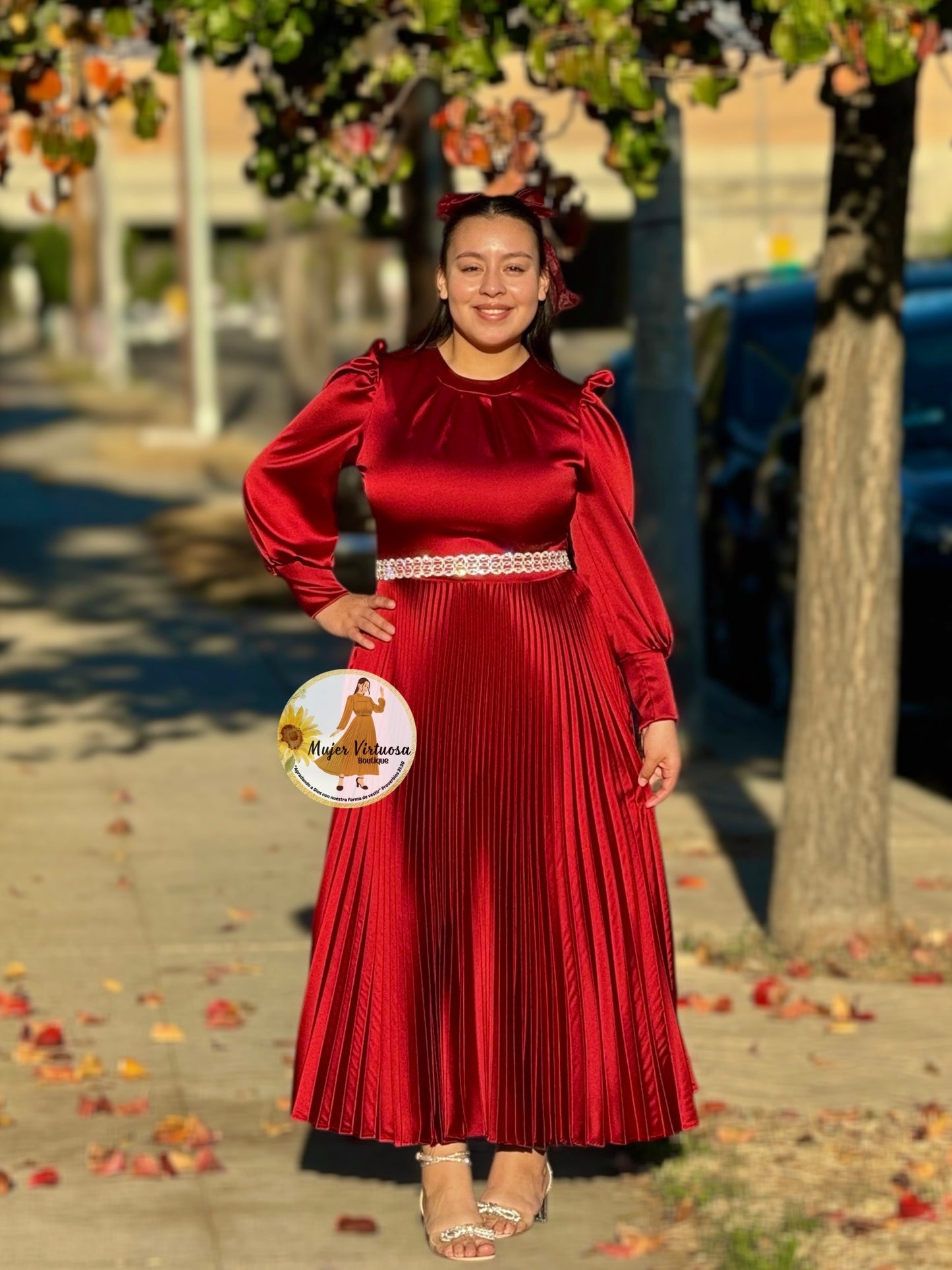Litzy Burgundy Satin Pleated Dress