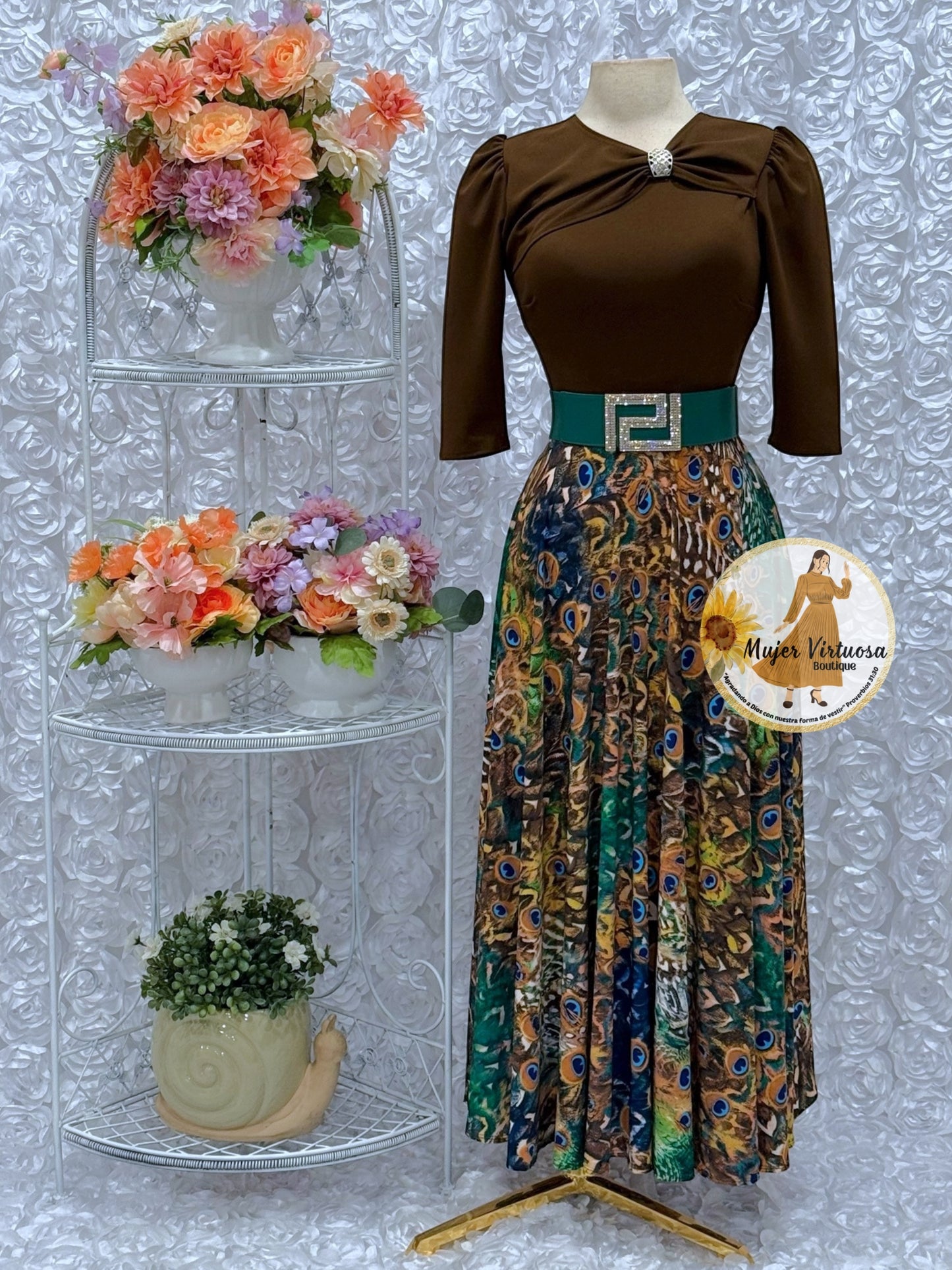 Rosalie Brown Peacock Print Dress