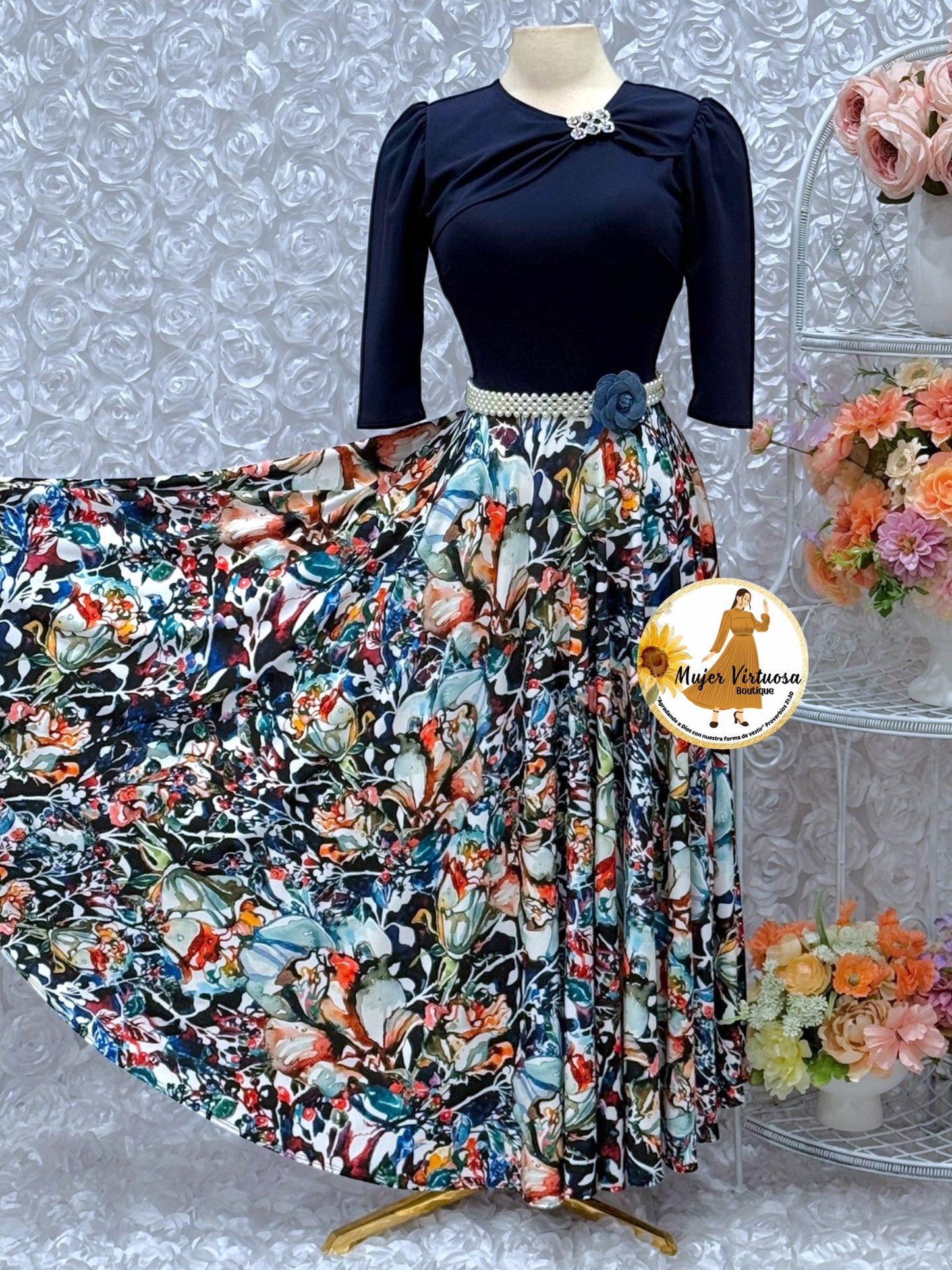 Rosalie Navy Abstract Print Dress
