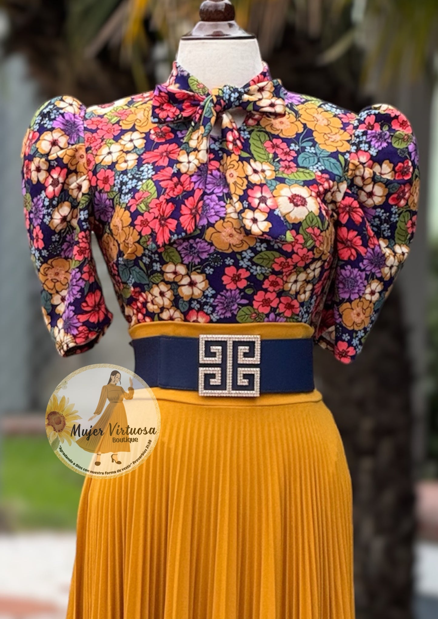 Navy Floral Bow Tie Top