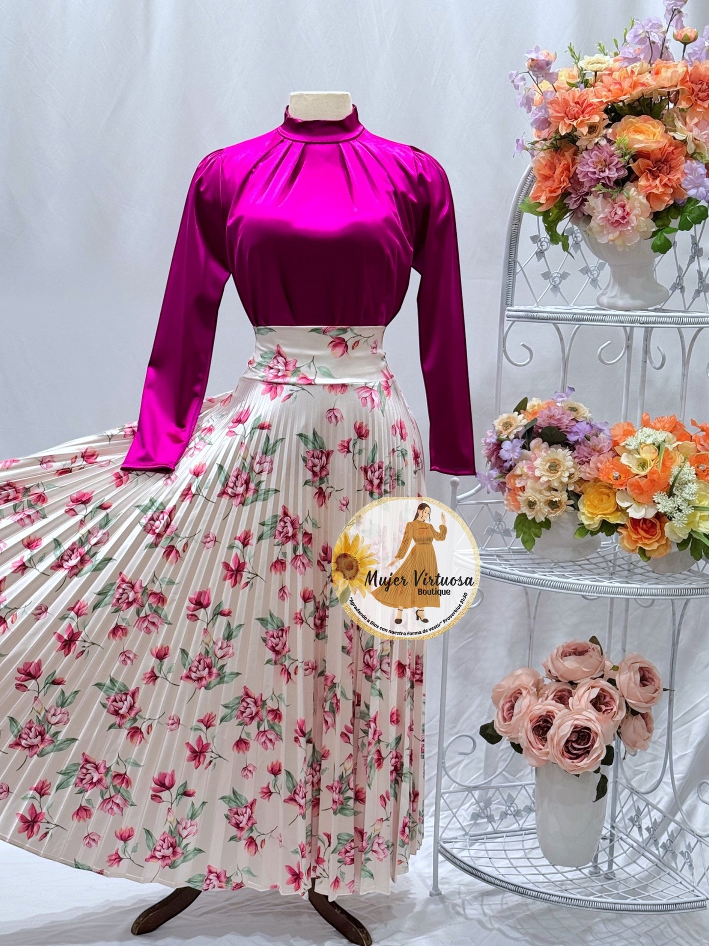 Ivory Floral Pleated Satin Skirt