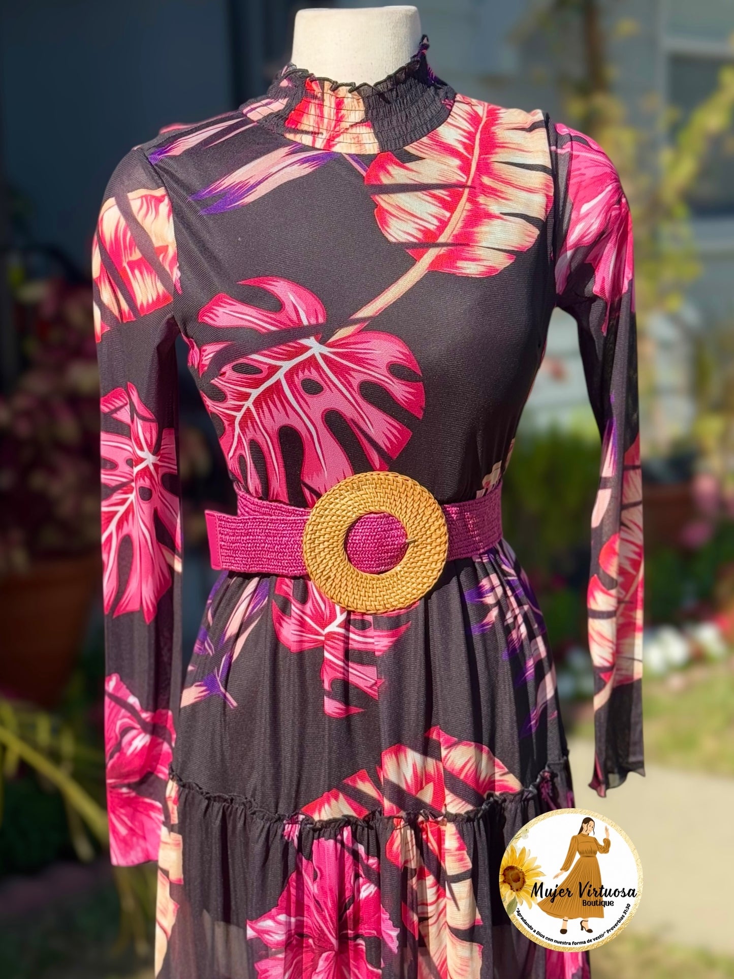 Mesh Black Floral High Neck Dress