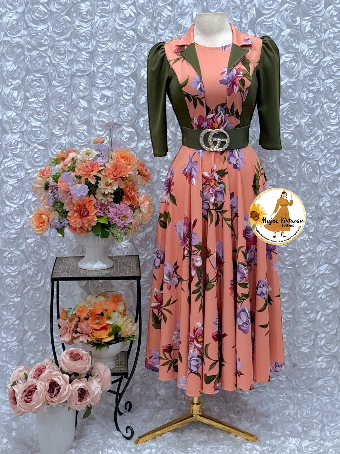 Salmon/Olive Floral Vest Dress