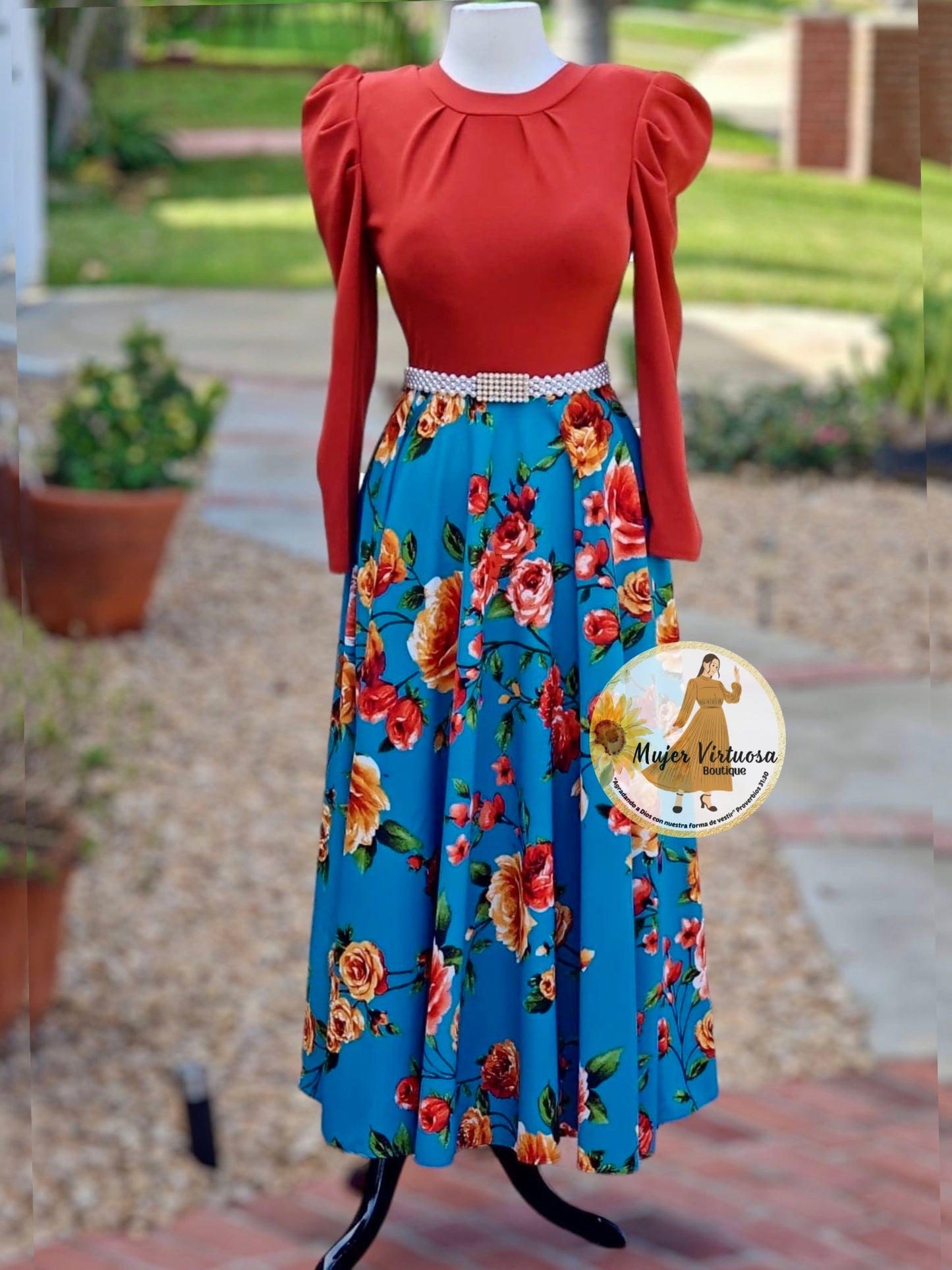 Eloisa Rust/Aqua Floral Dress