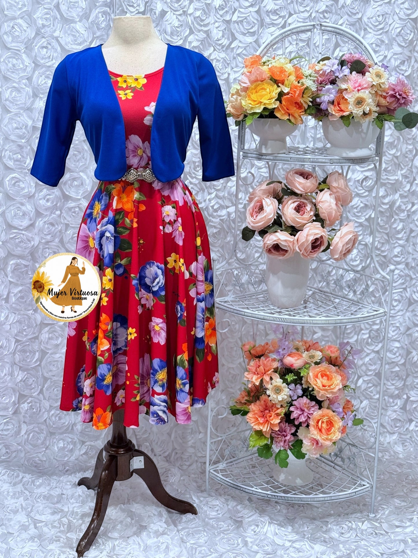 Clara Blue/Red Floral Midi Dress