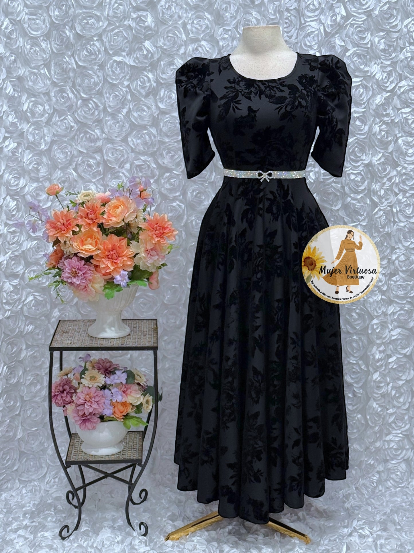 Black Floral Velvet Dress