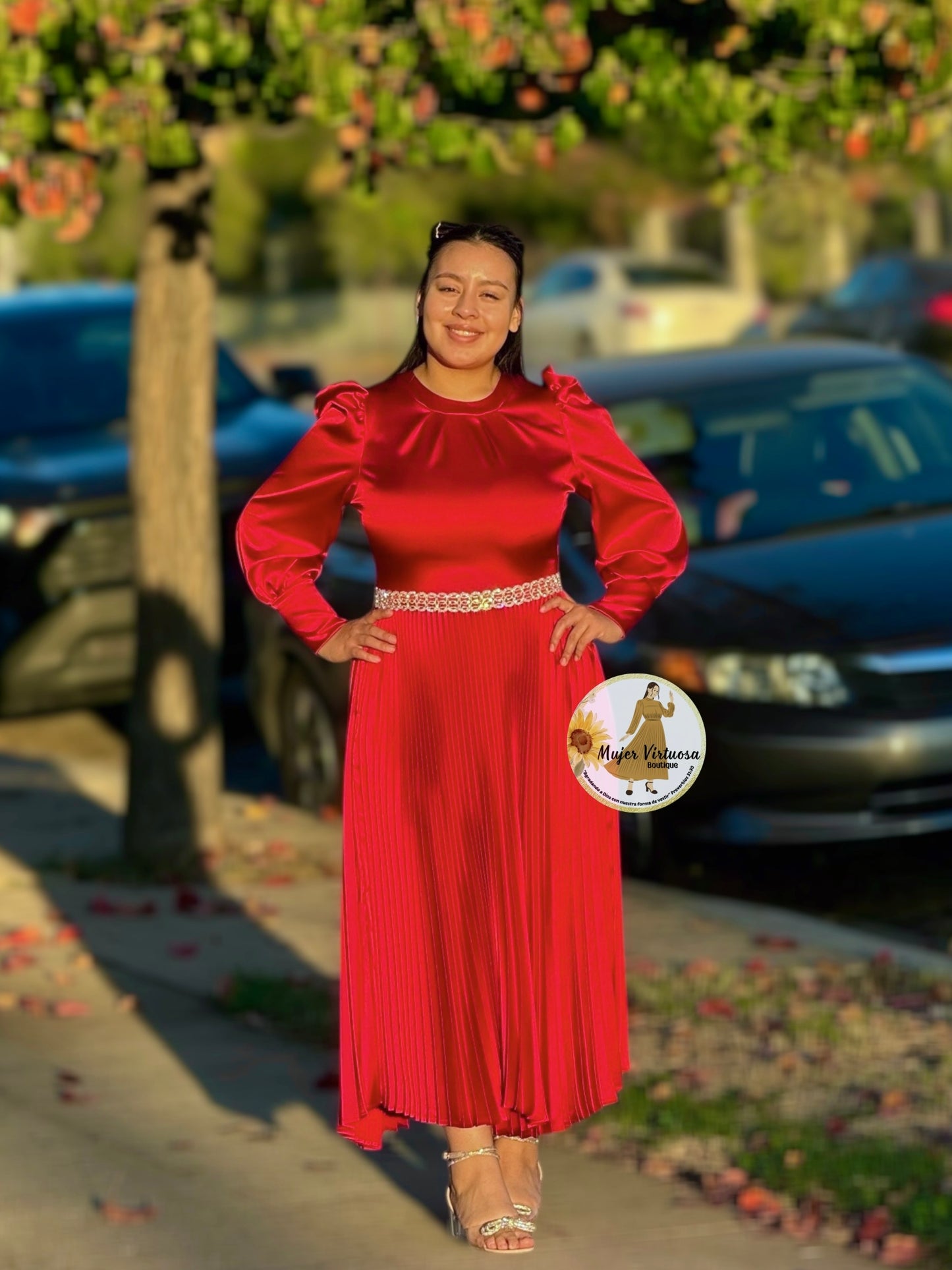 Litzy Red Satin Pleated Dress