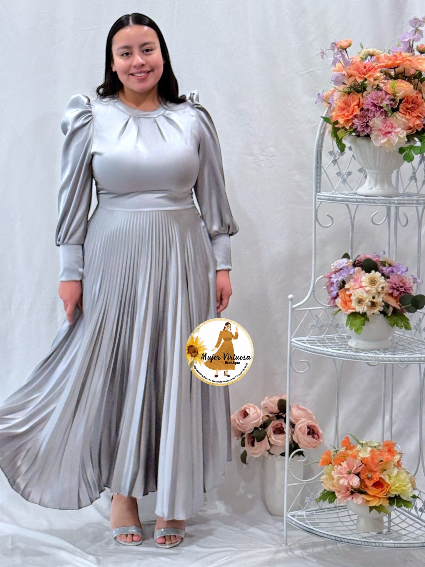 Litzy Silver Grey Satin Pleated Dress