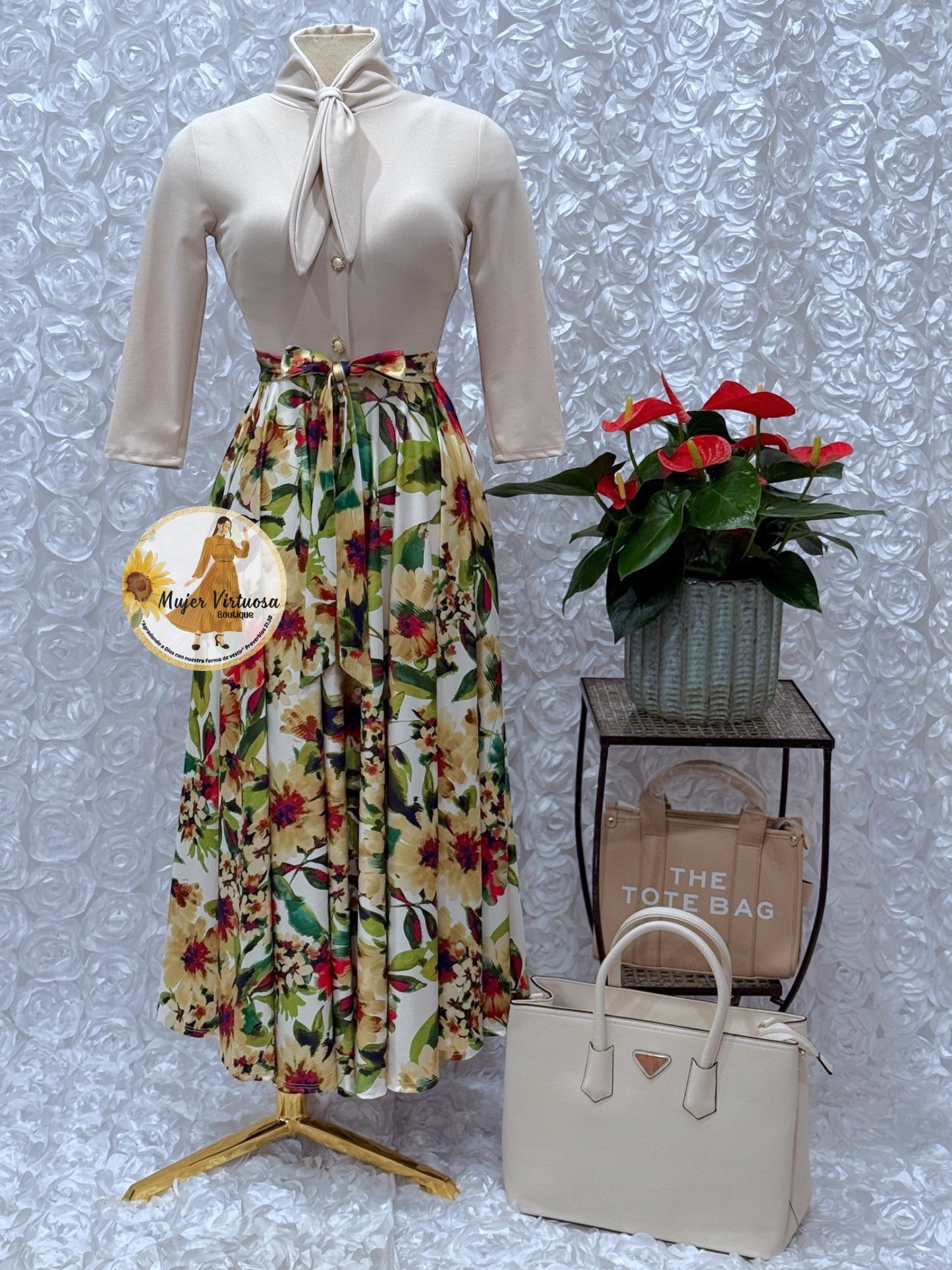 Beige Floral Vintage Style Dress