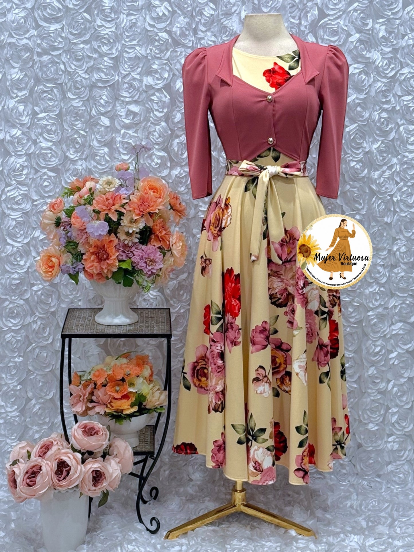 Mauve/Ivory Floral Vest Dress