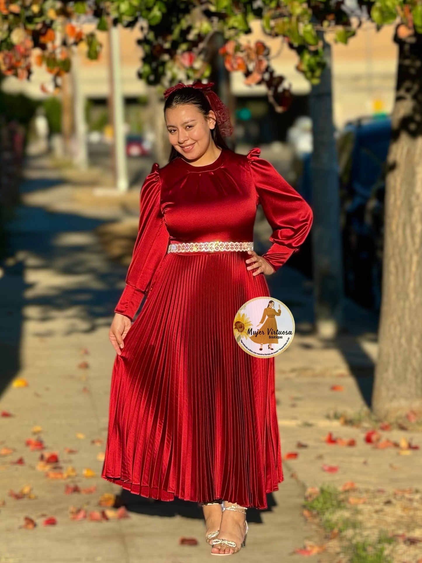 Litzy Burgundy Satin Pleated Dress