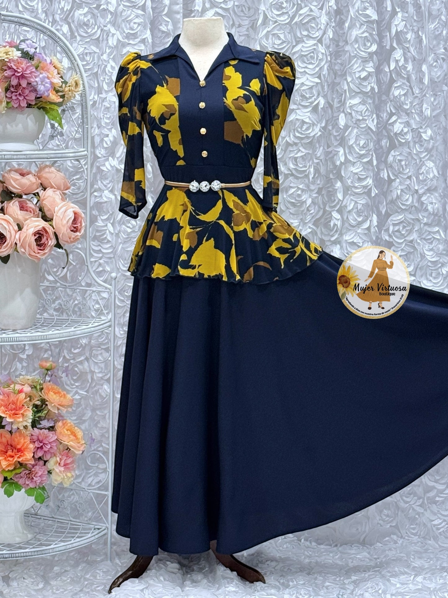 Analy Navy & Mustard Flowers Dress