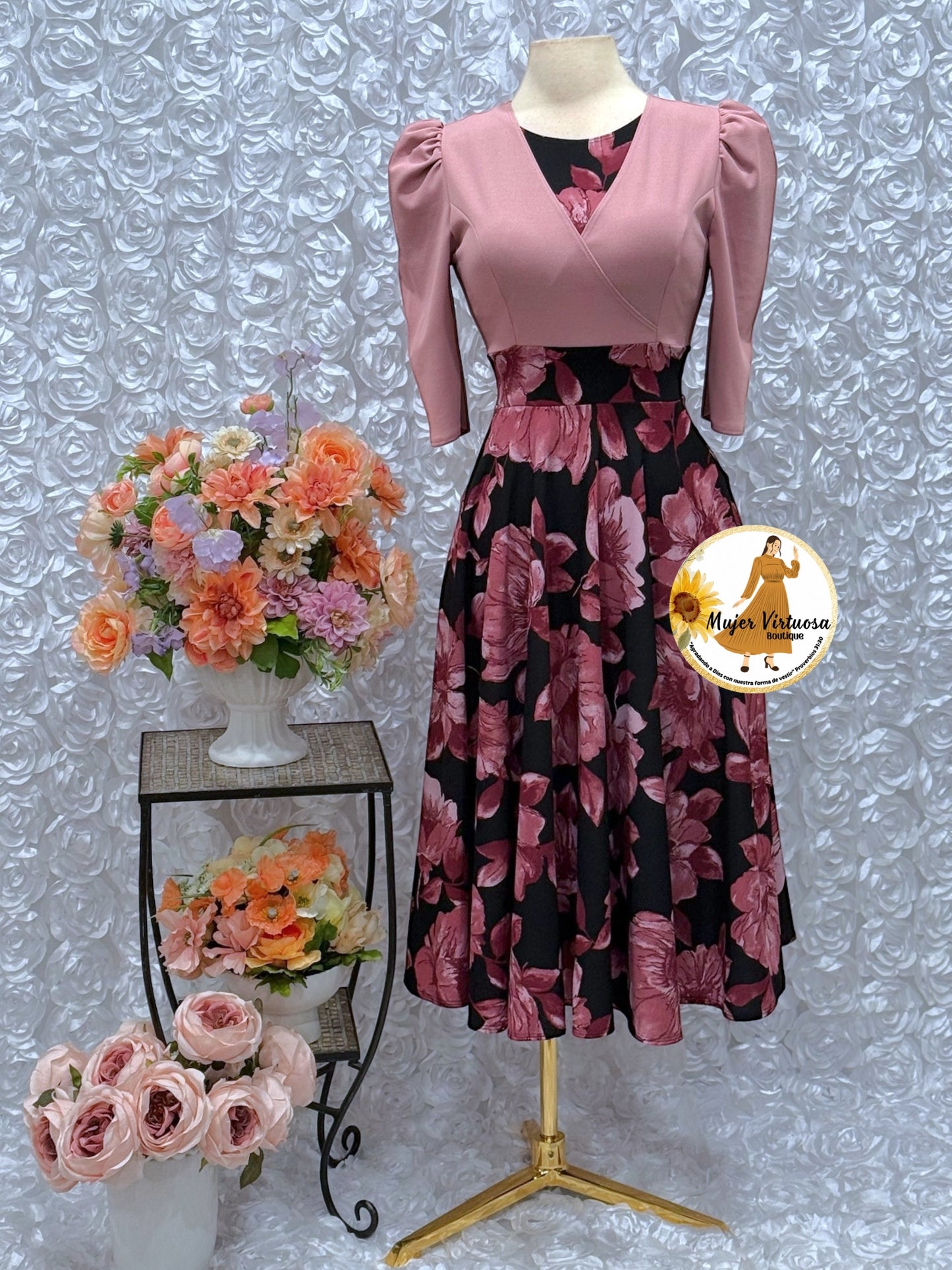 Mauve & Black Floral Midi Dress