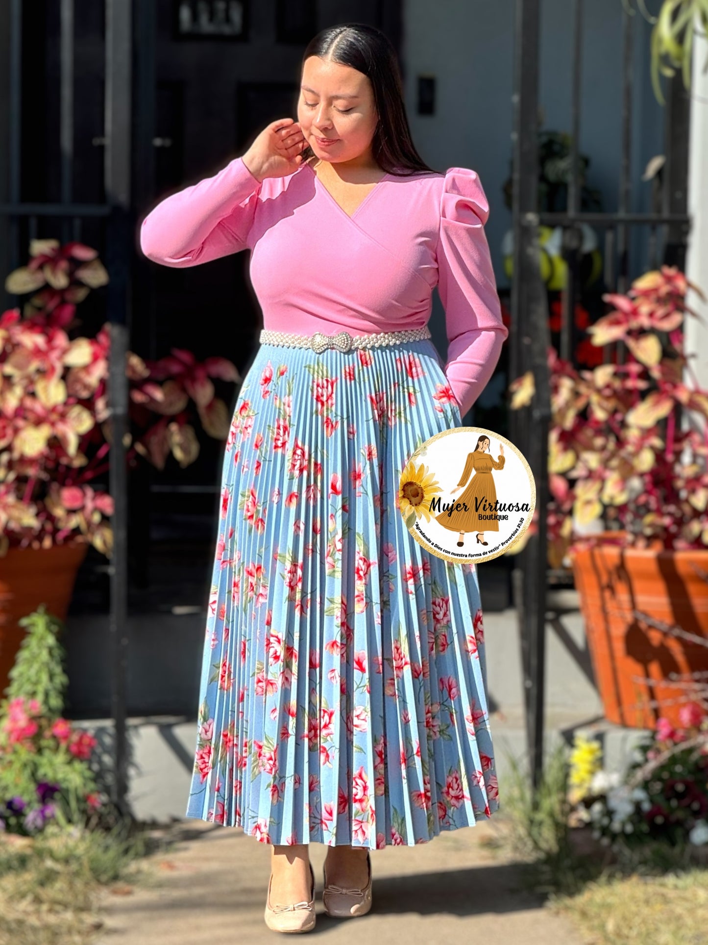 Yvette Pink & Blue Floral Pleated Dress