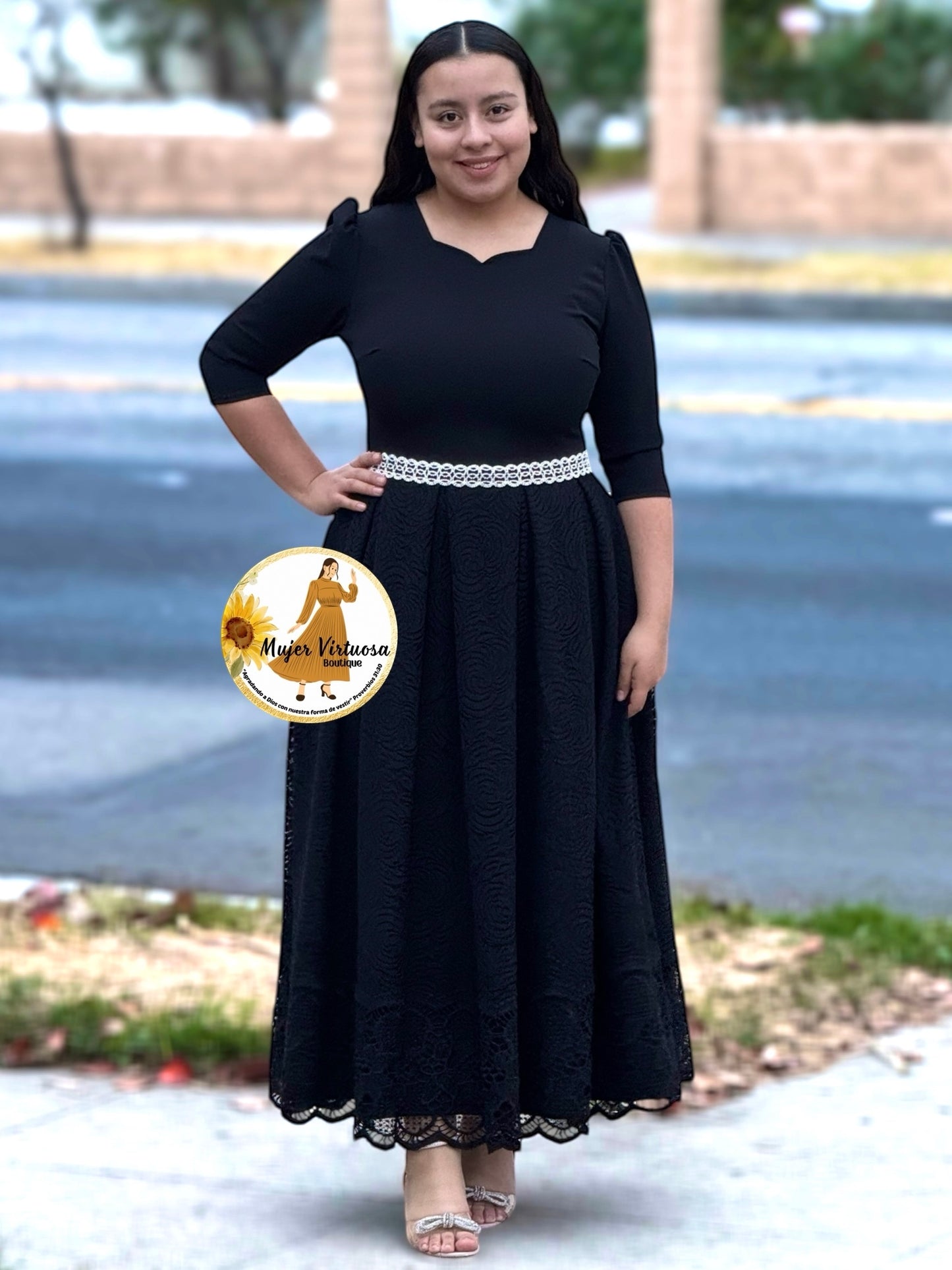 Romina All Black Lace Pleated Dress