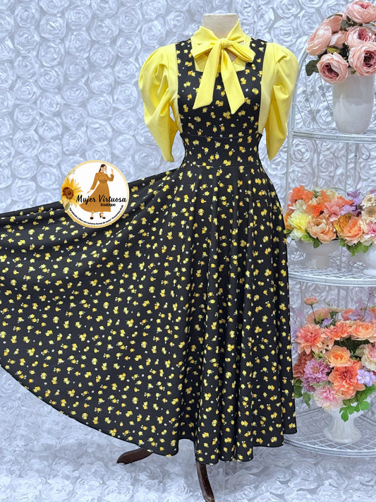 Angie Black/Yellow Ditsy Floral Overall