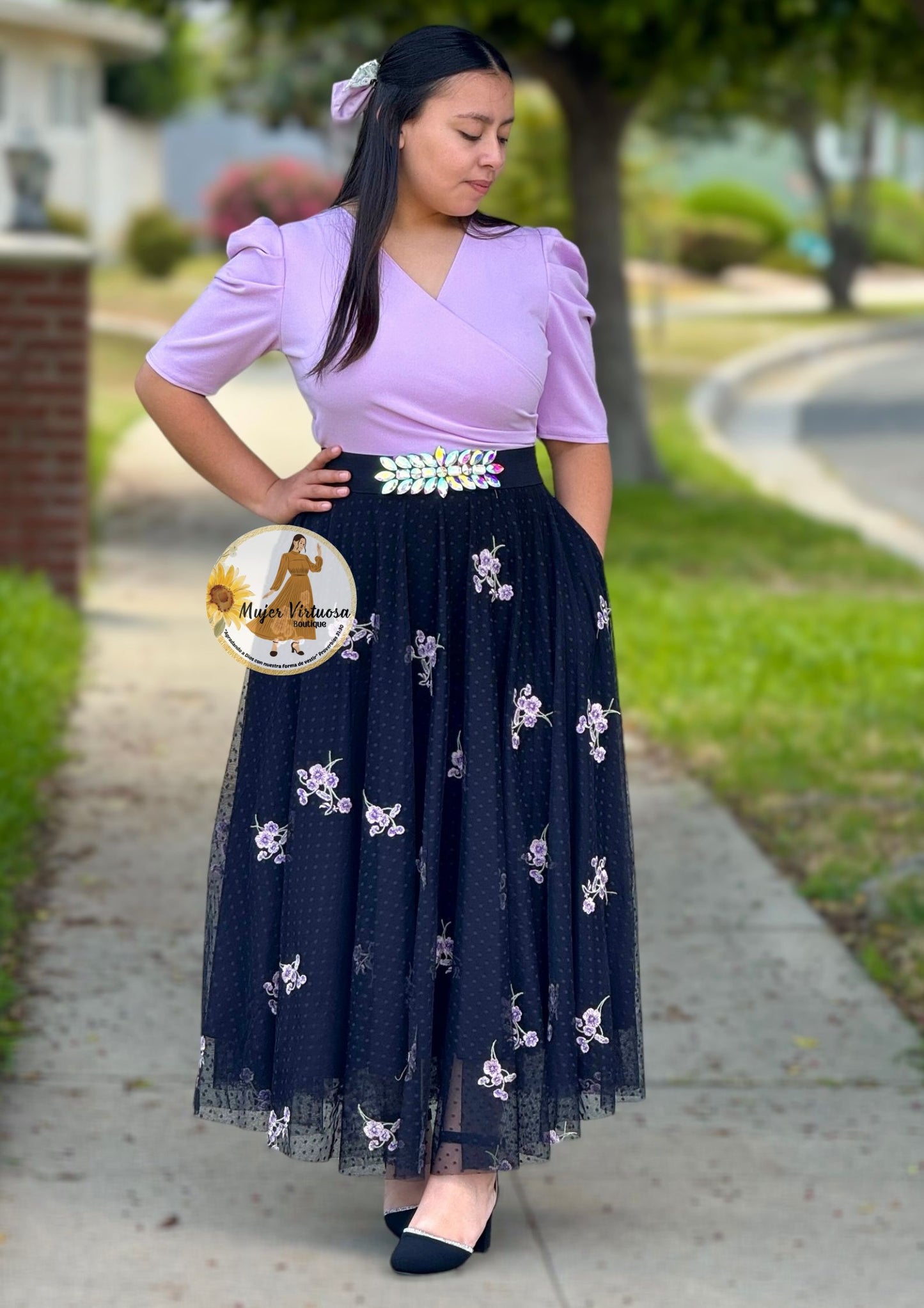 Lilac & Black Floral Mesh Dress