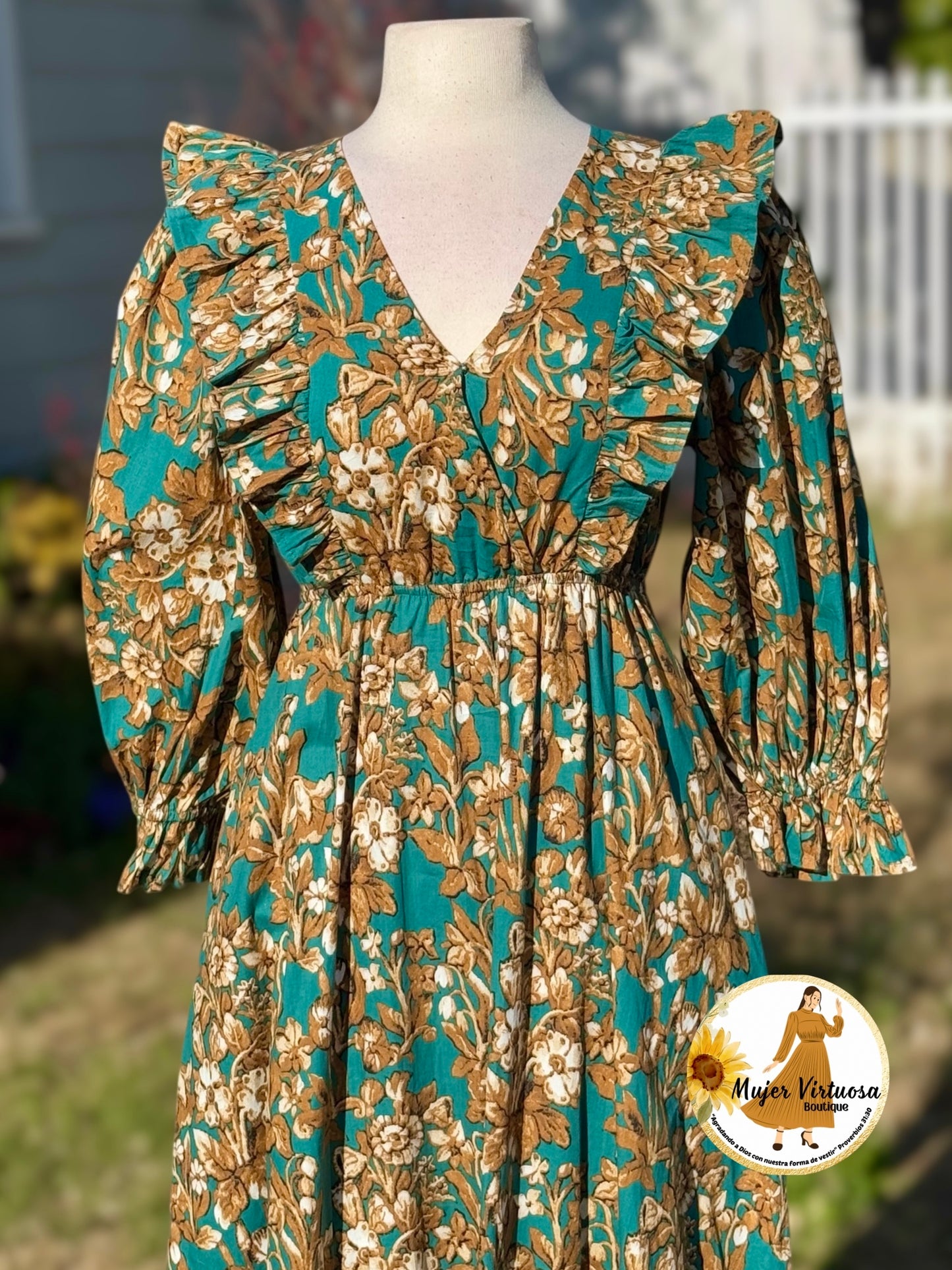 Aqua/Mustard Floral Midi Dress