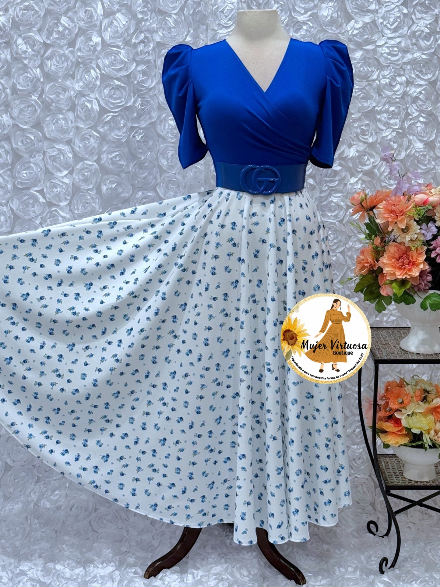 Susan Royal Blue/White Floral Dress