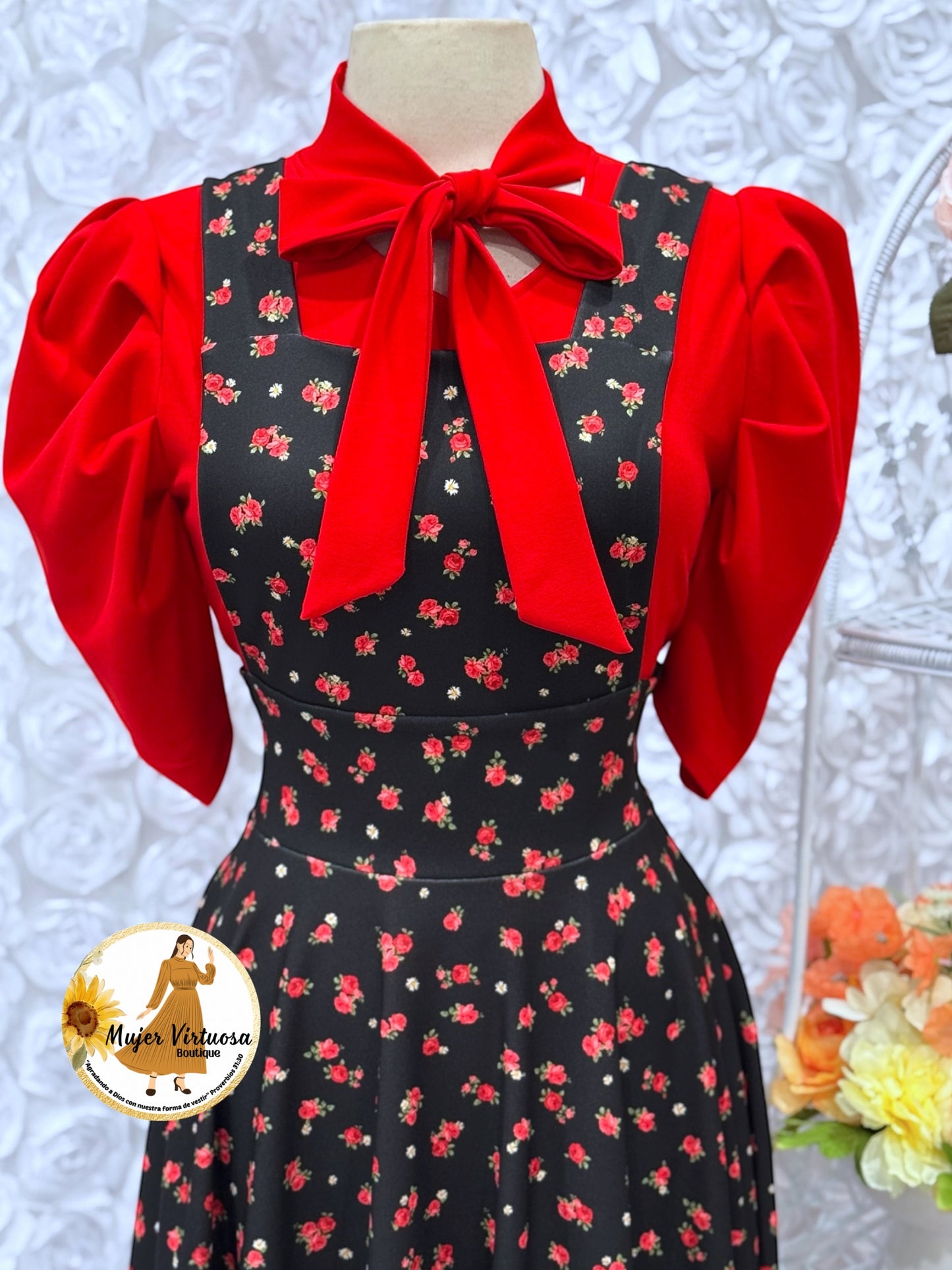 Angie Black/Red Ditsy Floral Overall
