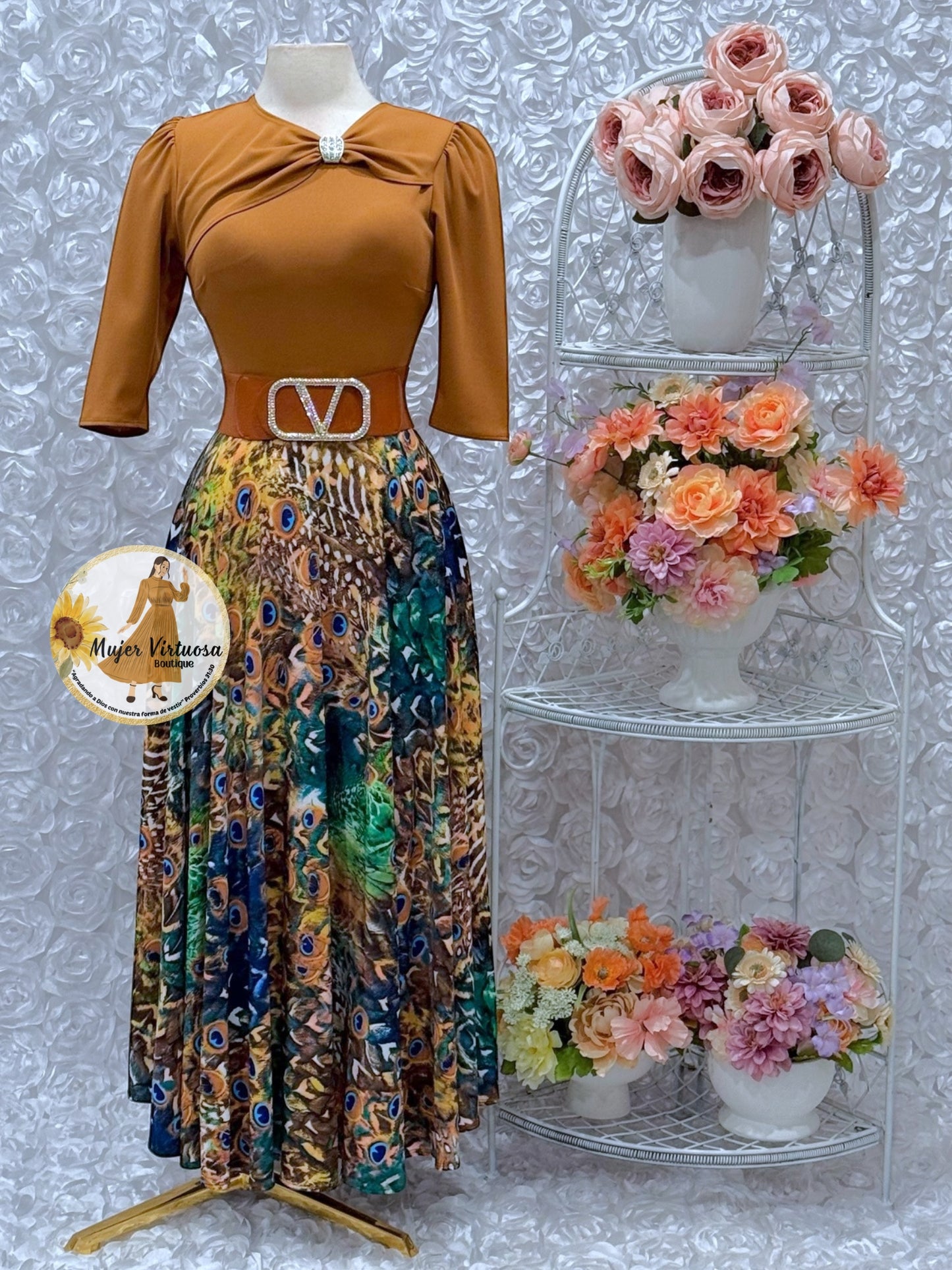 Rosalie Caramel Peacock Print Dress