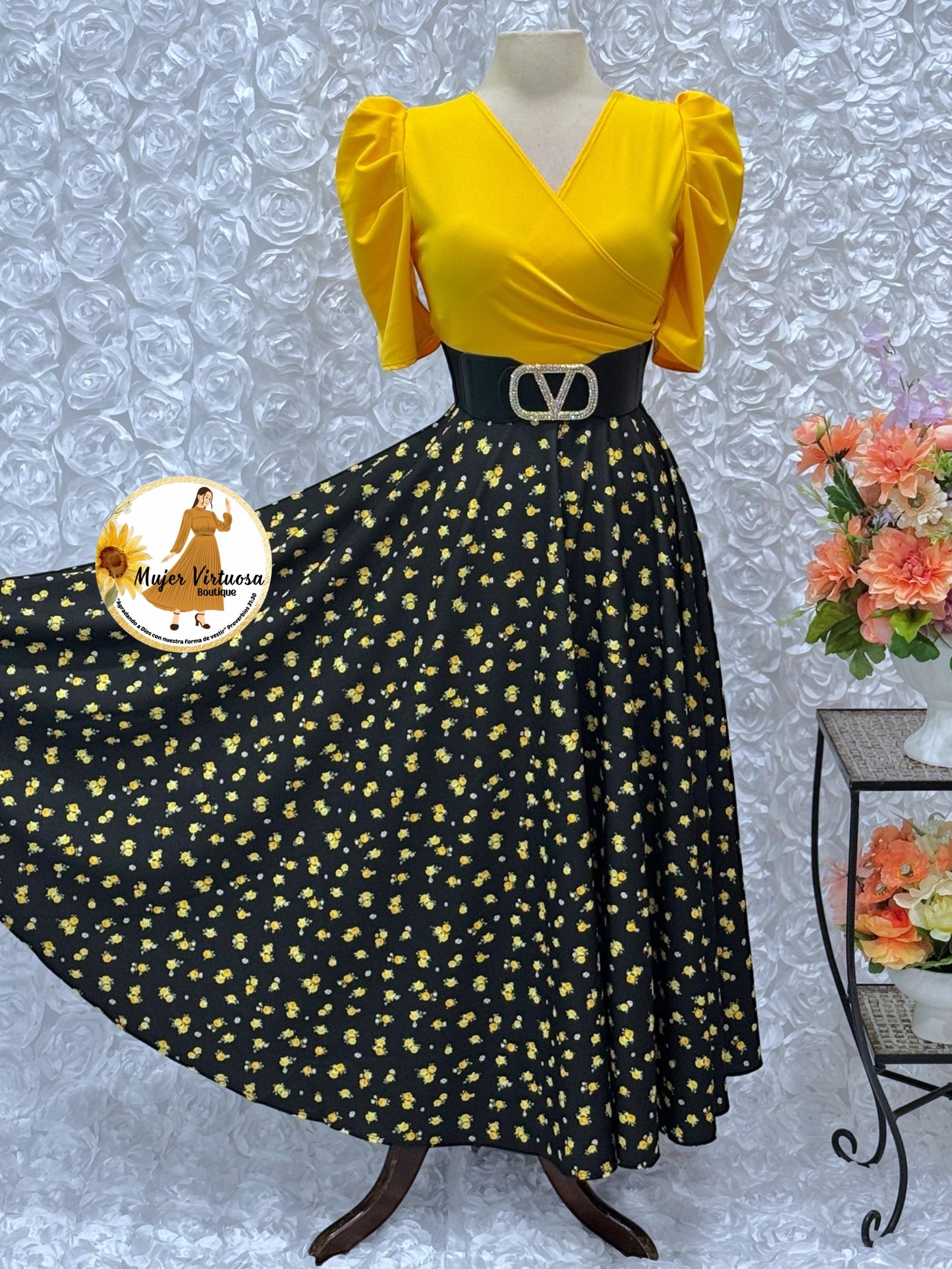 Susan Yellow & Black Ditsy Dress