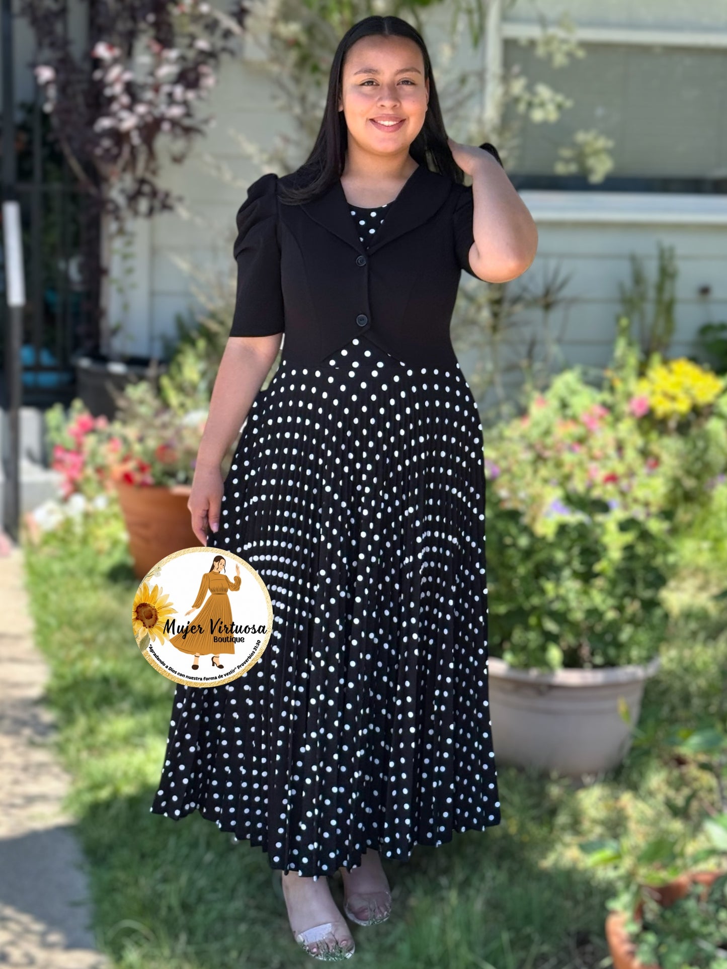 Esther Black Polka Dot Pleated Dress